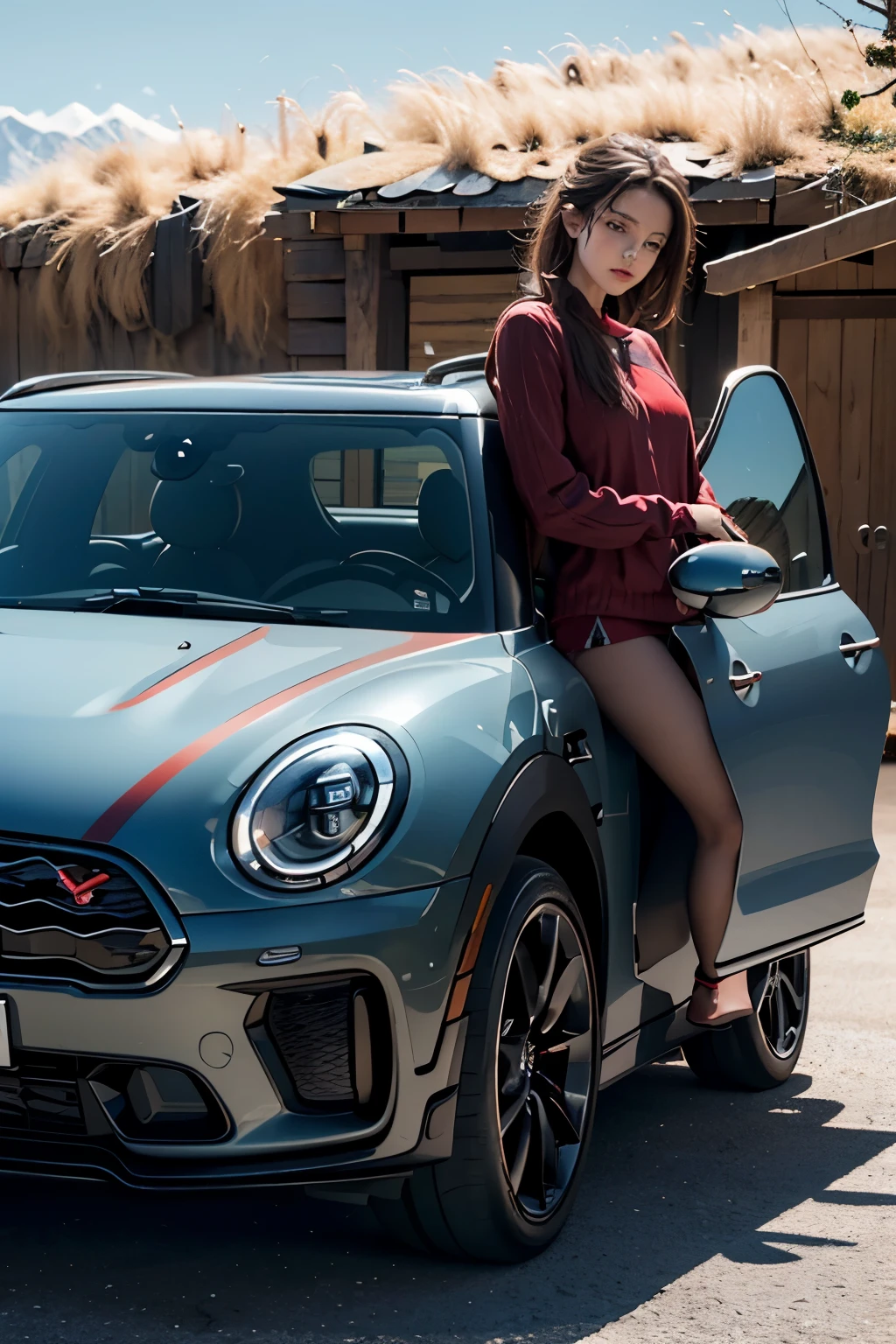 A highly detailed, ultra-realistic widescreen photograph captures the exact side view of a stunning car, reminiscent of the 2023 Mini JCW Clubman All4. The resemblance is striking, with a staggering 99% similarity. The car boasts a mesmerizing 'Aurora Silver' color, adorned with two bold and vibrant red stripes that span across the vehicle's front hood, gracefully flow over the roof, and extend all the way to the rear, exuding a sense of dynamic energy.

Notably, the car's side mirrors are crafted from sleek black carbon fiber, adding a touch of modern sophistication. Upon closer inspection, the discerning eye will notice the small yet intriguing text 'Vcen' elegantly embedded on the front door