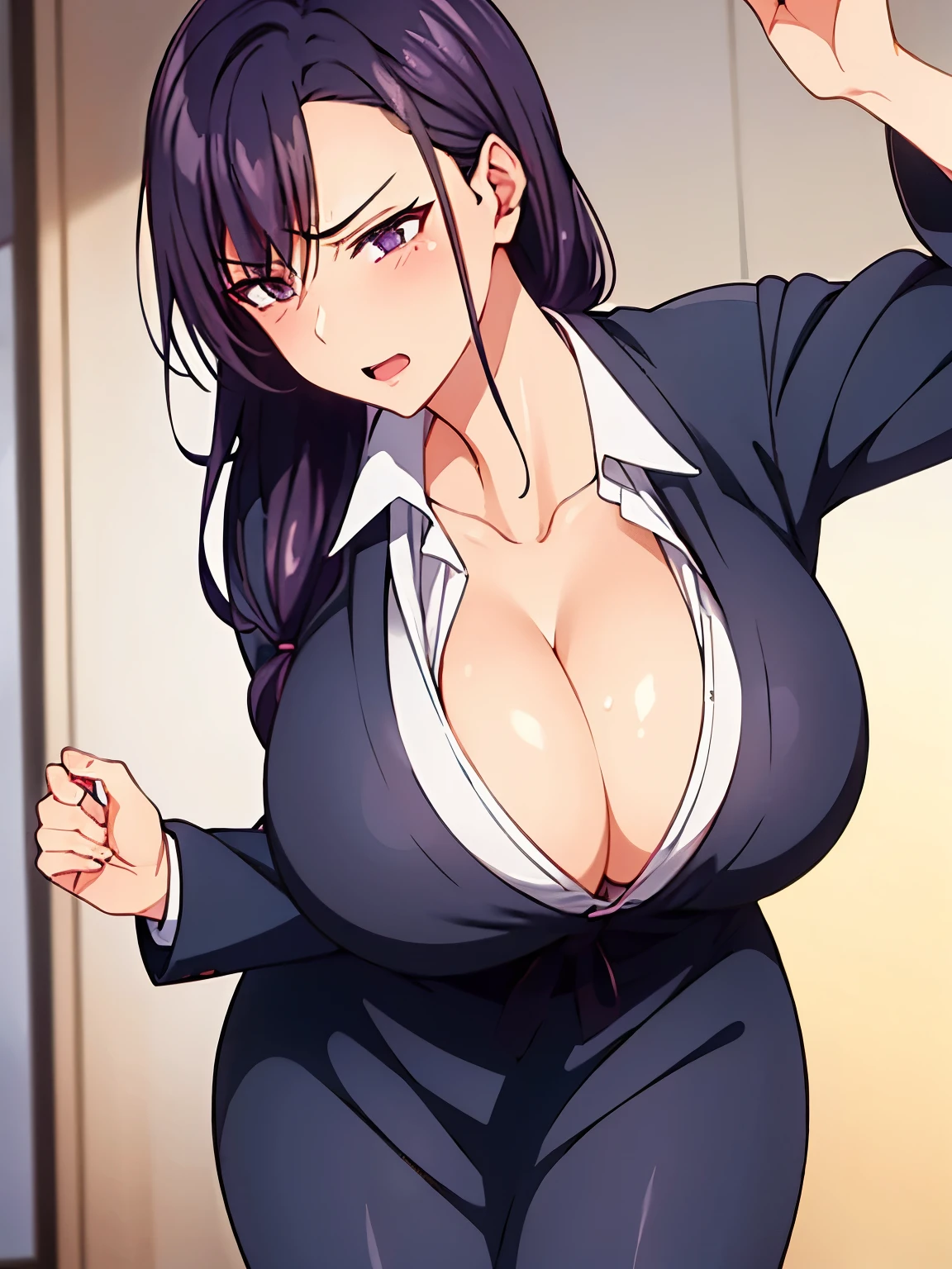 1 milf, purple slightly black hair, big breasts, sexy body, angry face, wearing a school uniform that showing her cleavage