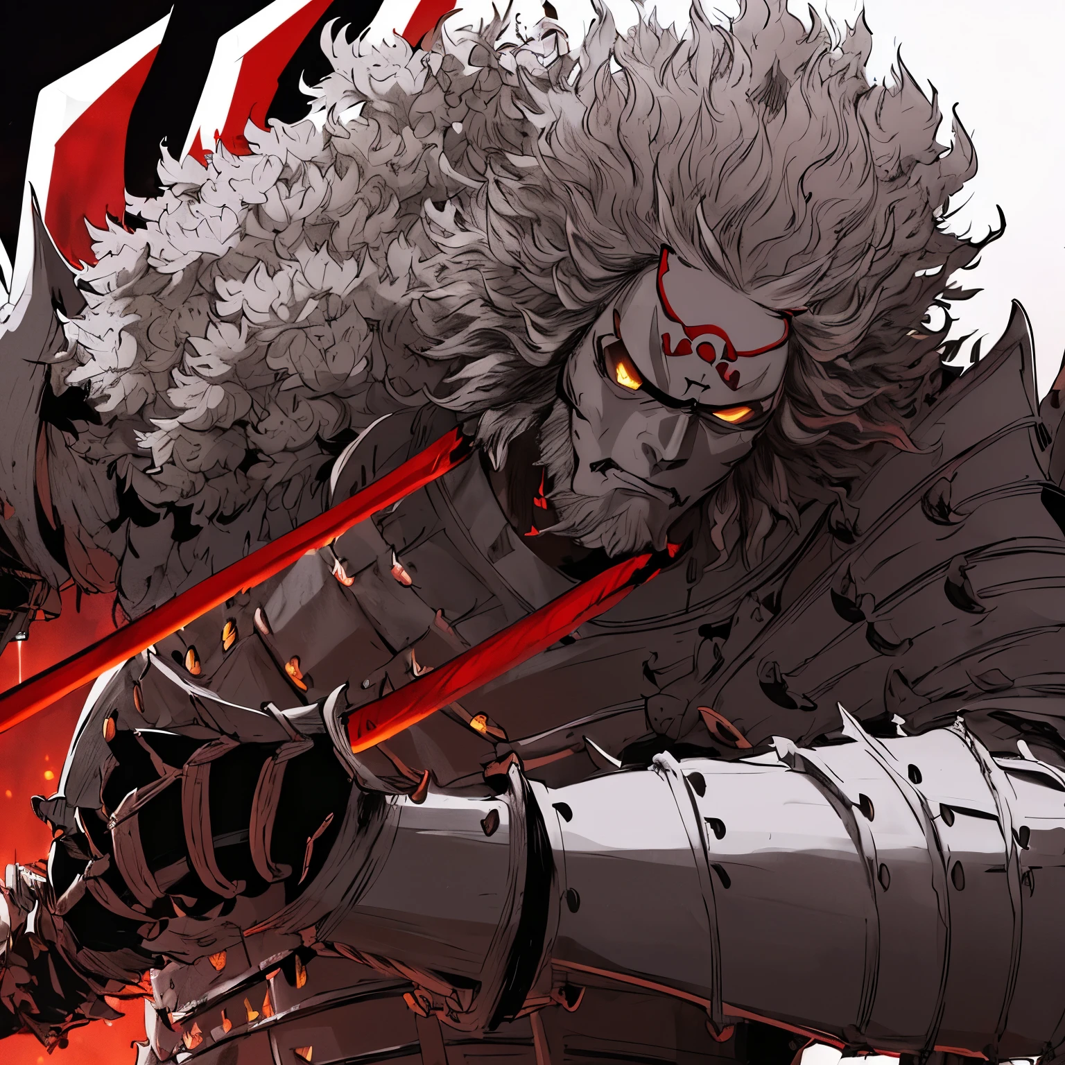(Afro Samurai: 1.1), (dramatic pose: 1.4), (head: 1.3), (afro hair: 1.2), (samurai armor: 1.3), (weapon: 1.2),
masterpiece, best quality, highres, Afro Samurai, 1boy or 1man, afro hair, (shaved sides: 0.1), (samurai helmet: 1.2), (katana sword: 1.2), (detailed armor: 1.2),
night scene, (cinematic lighting: 1.2), (dynamic angle: