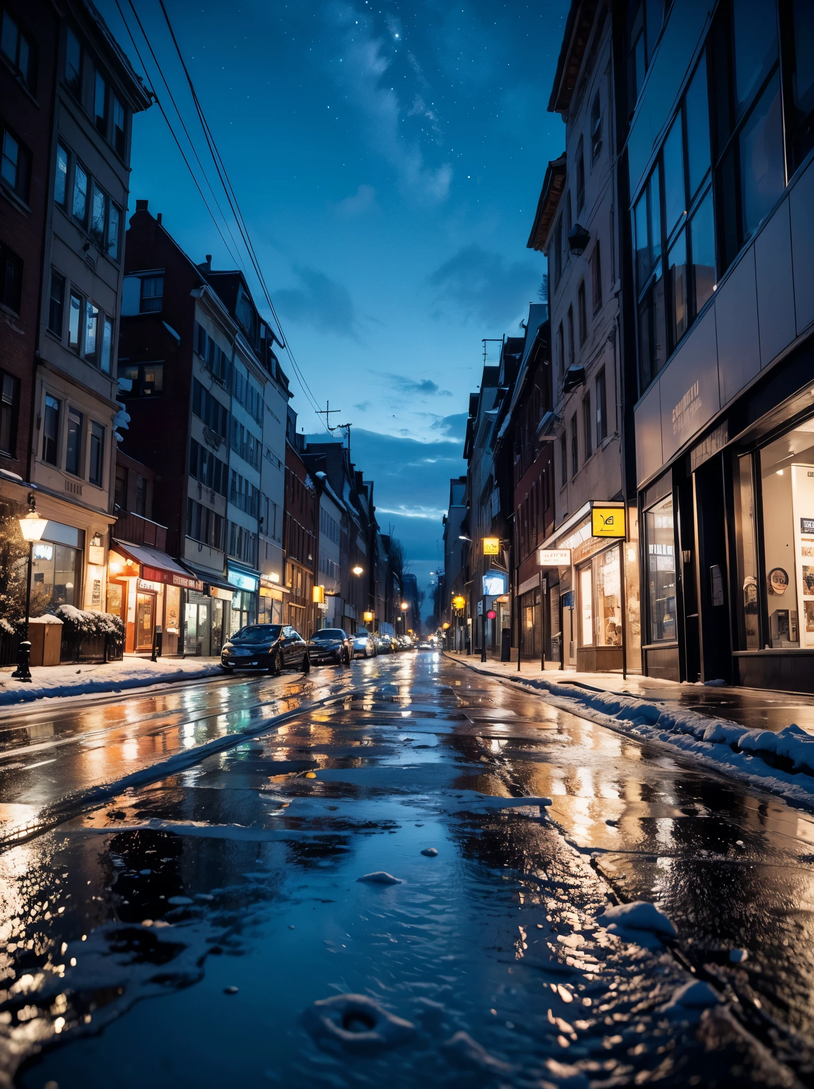 Masterpiece, ultra detailed. Create a city street scene on a snowy day, the starry night sky reflecting in puddles on the asphalt, the buildings tinted with soft blue hues. Blurry foreground, from ground.