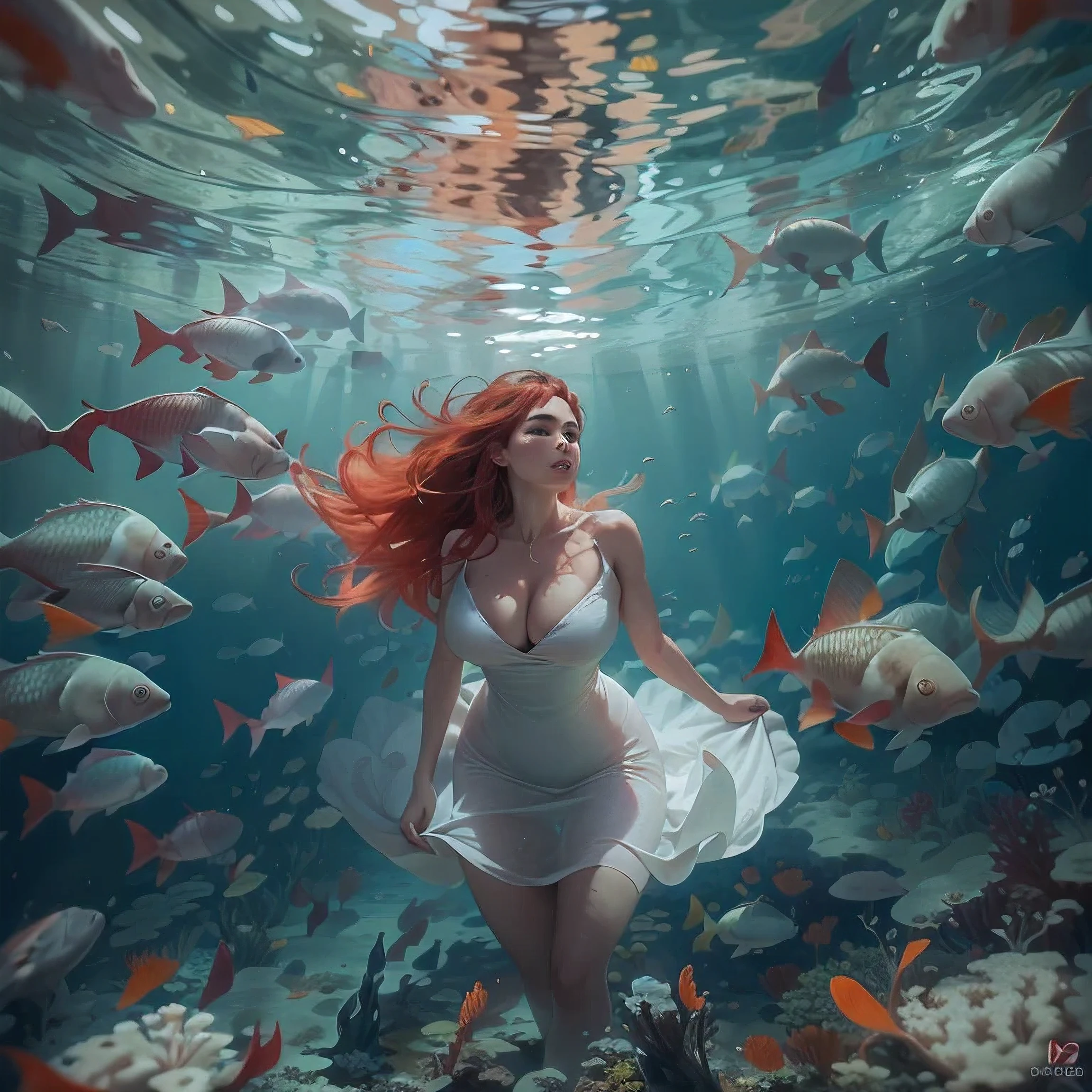 Beautiful redhead girl with giant boobs in a white shine through dress that swims over the bottom of the Australian sea with lots of coral. her naked body is visible under the dress, nipples are big and hard. looking from above to the bottom, many fish and coral, dirty 1.4, photo realistic 1.2, naughty 1.2