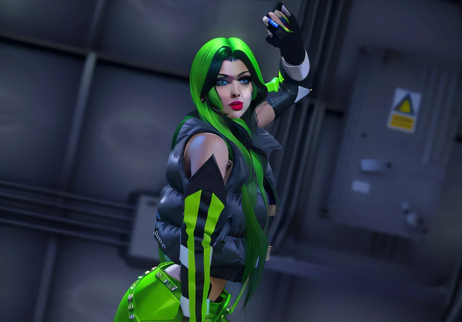 Realistic painting, realistic picture, super realistic, black hair, dark green hair, of a european woman, white woman, blue eyes, sculptural body, fine details, very clean face, wavy green hair, medium breasts and with large beaks, big bubum, blue eyes, bright skin, glowy skin, makeup, beige lipstick, pink blush, glam makeup, neck tattoo. green eyeshadow, black puffer jacket, hardware background, metal background, green gloves, green nails, green skirt, green belt, microphone, white and black gloves, open finger gloves