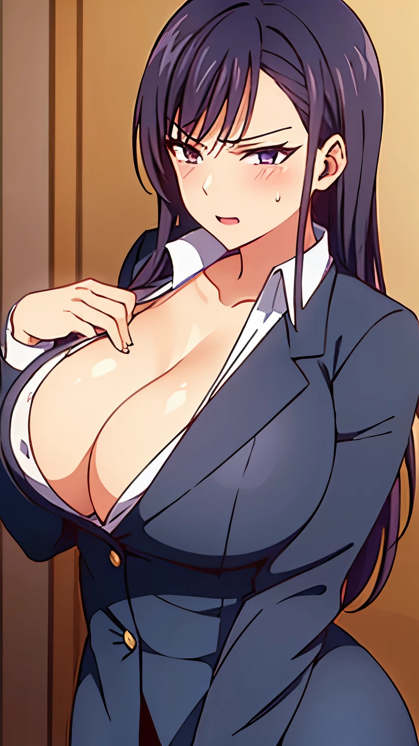 1 milf, purple slightly black hair, big breasts, sexy body, angry face, wearing a school uniform that showing her cleavage