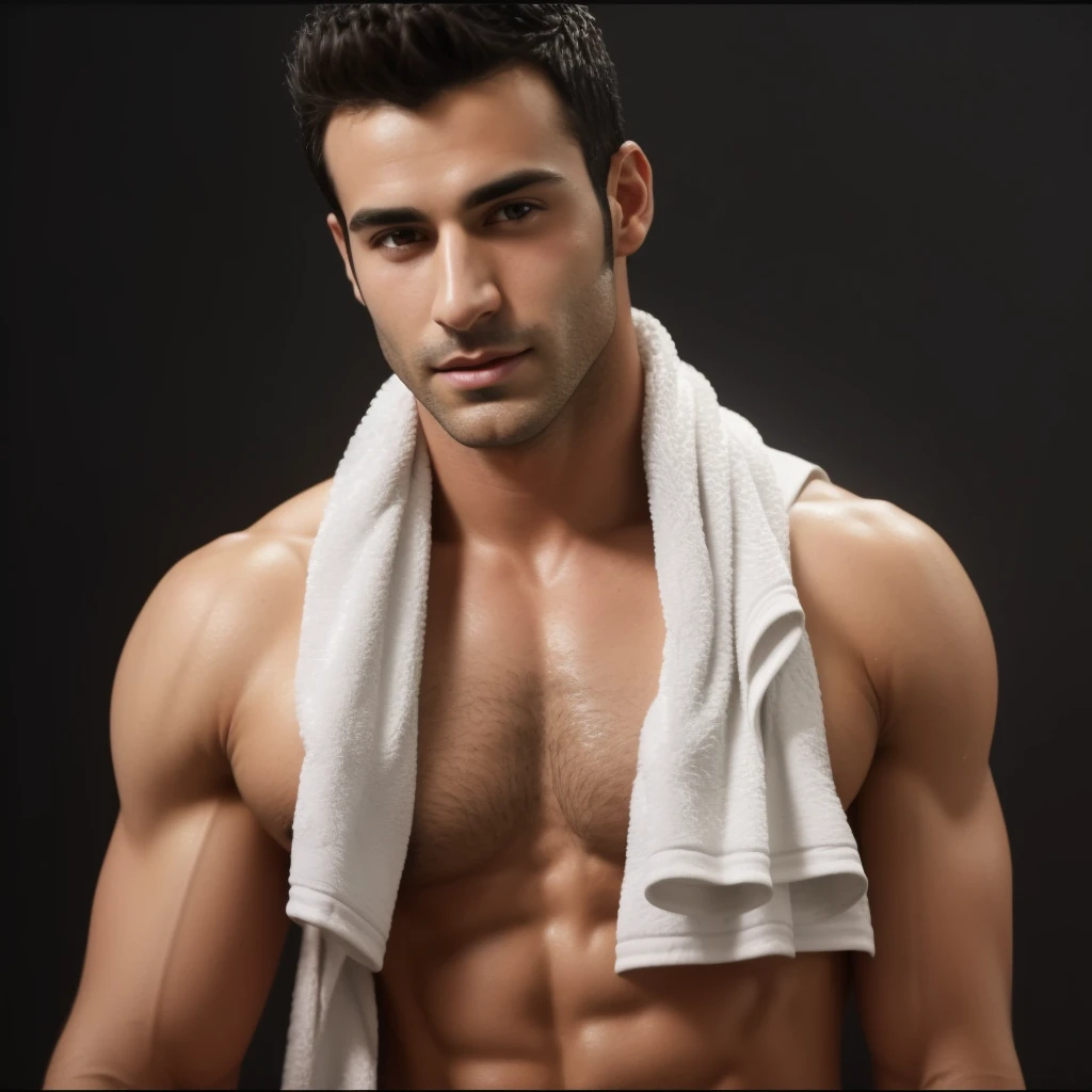 arafed man with towel on his shoulders holding a towel, wearing a towel, attractive male, strong masculine features, masculine features, sparse chest hair, attractive man, smooth body features, handsome male, male model, handsome and attractive, clean shaven face, attractive and good looking, sweating intensely, clean shaven, chest hair, disrobed