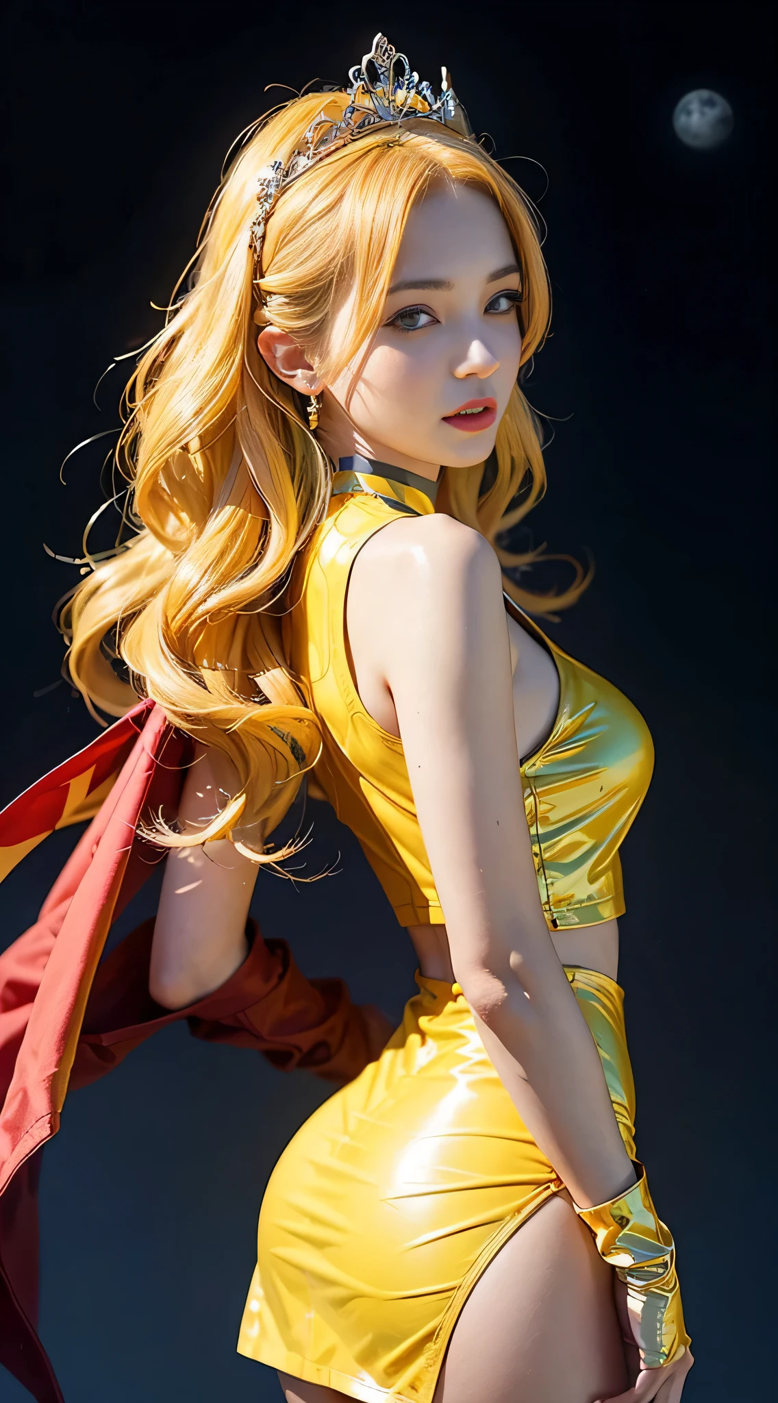 ((masterpiece:1.4)、(highest quality:1.4)、(realistic:1.7))、masterpiece:1.4、beautiful girl、(beautiful girl戦士セーラームーン:1.4)、moon野うさぎ、body fit sexy sailor senshi uniform、(shiny latex)、(The jacket is a white sleeveless sailor uniform.....)、(Skirt Blue Sexy Ultra Ultra Pleated Mini Skirt)、There are two thin blue lines on the collar of the sailor uniform.................、high leg swimsuit、red cloth decoration on the chest、(wearing white gloves)、pretty girl、super beautiful、sharp focus、portrait photography、(perfect female body:1.4)、perfect proportions、(Upper body shot:1.4)、beautiful face、beautiful eyes、tight waist、beautiful feet、(yellow hair:1.4)、(long hair:1.2)、beautiful breasts、big breasts:1.2、sexy ass、RAW photo、red lips、red high heels:1.4、choker:1.4、necklace:1.4、earrings:1.4、luxurious golden tiara:1.4、1 screen display、moon、universe、universe船、universeステーション、city of the future