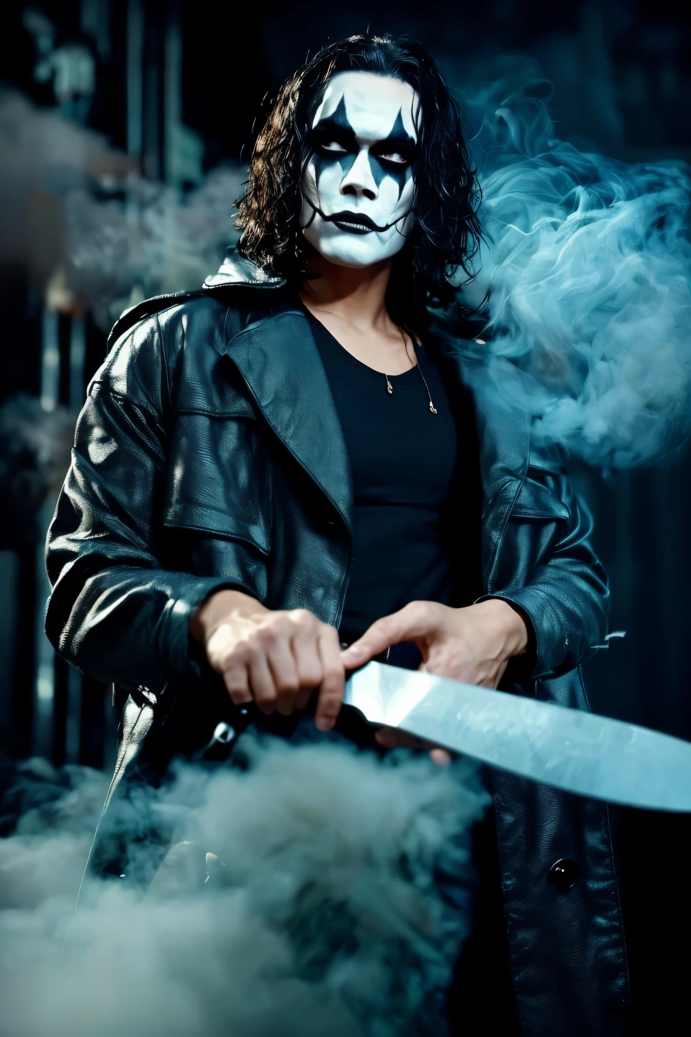 A cinematic poster of the character, "The Crow". The character is in the middle of a dark street, with a bright green light shining on him. (( The Crow V.IT Face, White face with black makeup )), The background is black with smoke. Wearing a The Crow Costume. The character is wearing a black overcoat, jeans, and black boots. He has long black hair and wears black makeup. He is holding a knife in his right hand. DETAILED FACE, intricaten. Realism: The generated art should be realistic and highly detailed. Lighting: The lighting should be cinematic, with a bright green light shining on the character. Background: The background should be black with smoke. Cinematic lighting.