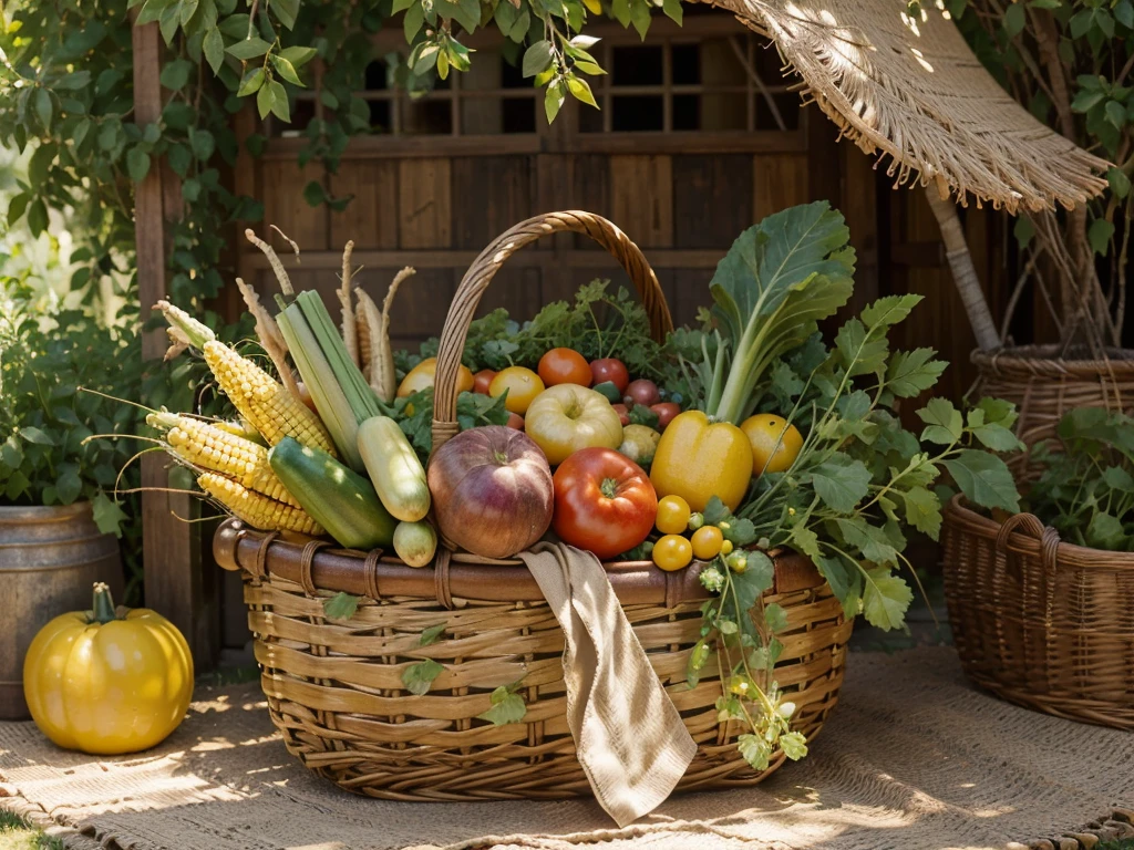 On an old table under the warm sunlight, a variety of fresh vegetables are beautifully arranged in a woven basket. The vibrant colors and natural textures of the vegetables catch your eye immediately. The basket is filled with an abundance of vegetables, including ripe red tomatoes, crisp green lettuce leaves, vibrant orange carrots, and earthy brown potatoes. As you look closer, you notice ears of corn peeking out from the sides of the basket, their golden kernels glistening in the sunlight.
The old table has a weathered and rustic appearance, adding a touch of charm to the scene. It is worn and aged, with the grains of wood showing through its faded paint. The table provides a sturdy and rustic foundation for the display of the bountiful harvest.
Surrounding the basket, there is a small garden filled with flourishing crops. Lush green plants with broad leaves and delicate vines climb towards the sky, reaching for the sunlight. The garden is a symbol of nature's abundance and the rewards of hard work and dedication.
In the background, an old mora stands tall, its branches swaying gently in the breeze. The tree adds a sense of tranquility and a touch of nostalgia to the scene. Its wise and ancient presence reminds us of the beauty and wisdom found in nature.
The scene is bathed in warm and golden sunlight, casting a soft glow on the basket and the surrounding vegetables. The colors are vibrant and saturated, with each vegetable displaying its natural hues. The warm color palette exudes a sense of comfort, inviting the viewer to savor the beauty and flavors of the harvest.
Overall, this masterpiece captures the essence of a sunny day in a bountiful garden. Its ultra-detailed depiction of the vegetables, combined with the warm and vivid colors, creates a visually stunning and realistic image. It celebrates the beauty of nature's bounty and invites the viewer to appreciate the simple joys of fresh and nourishing food.