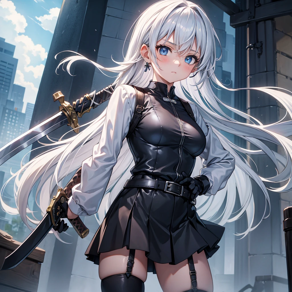 1girl, solo, long hair, breasts, looking at viewer, blush, bangs, blue eyes, skirt, shirt, gloves, holding, jewelry, closed mouth, standing, jacket, weapon, white hair, cowboy shot, earrings, small breasts, outdoors, sky, day, black gloves, belt, sword, cloud, fingerless gloves, holding weapon, black jacket, floating hair, garter straps, holding sword, helmet, building, sheath, dual wielding