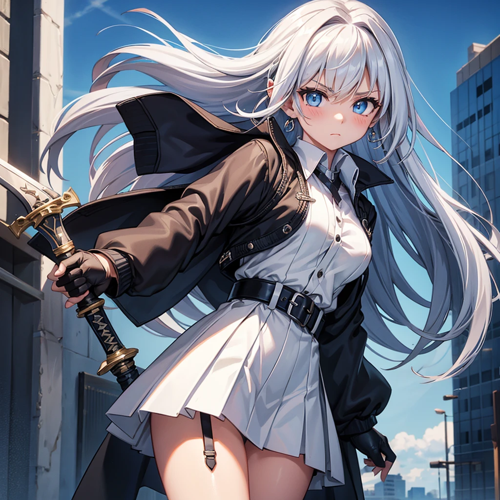 1girl, solo, long hair, breasts, looking at viewer, blush, bangs, blue eyes, skirt, shirt, gloves, holding, jewelry, closed mouth, standing, jacket, weapon, white hair, cowboy shot, earrings, small breasts, outdoors, sky, day, black gloves, belt, sword, cloud, fingerless gloves, holding weapon, black jacket, floating hair, garter straps, holding sword, helmet, building, sheath, dual wielding