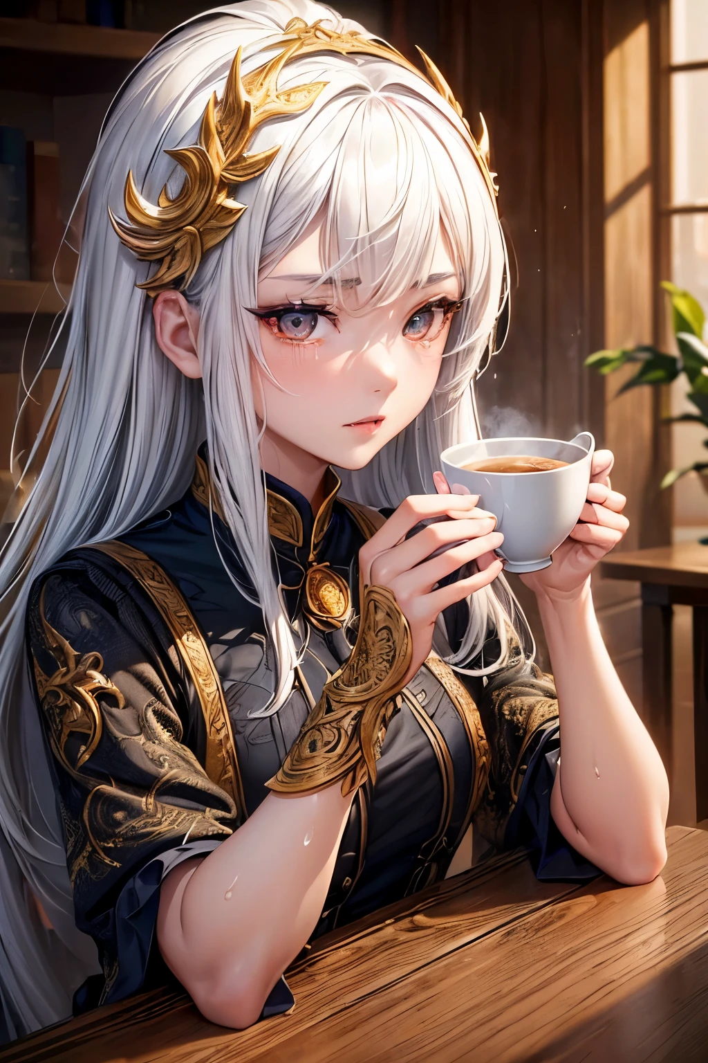 (((tmaster piece))), deeply emotional and visually striking image, young Asian woman, with part of the skin like dragon scales, part of the skin like natural skin, hyper detailed skin, white hair, stylized, golden time, taking a cup of coffee, (((hyper-detailed))), (((UHD))), portrait, ((looking at the viewer)), 8k, ABSURDRES