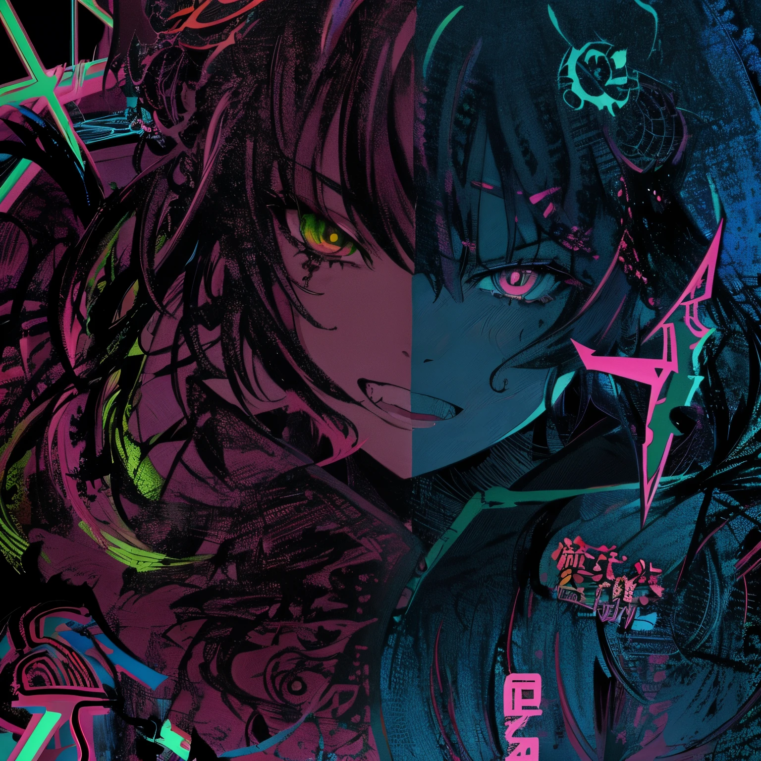 a couple of anime characters with neon colors on them, high detailed official artwork, official artwork, decora inspired illustrations, hd artwork, intricate ornate anime cgi style, scary detailed art in color, neon and dark, anime graphic illustration, ultra detailed color art, colorful and dark, demon slayer artstyle, 2d art cover, highly detailed cover art, hyper detail illustration