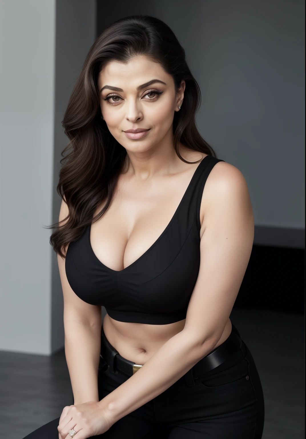 50yo mature MILF Aishwarya Rai as police officer, black tight jeans, mini bikini top, ((very high heels)), ponytail hair, bright sunny day scene, mature athletic curvaceous milf body, ((showstopper catwalk in ramp)), hourglass milf figure, perfect breasts, (((seductive expression))) on her face, look at a camera and wink one eye, soft volumetric lights, intricate details, (ArtStation:1.2)