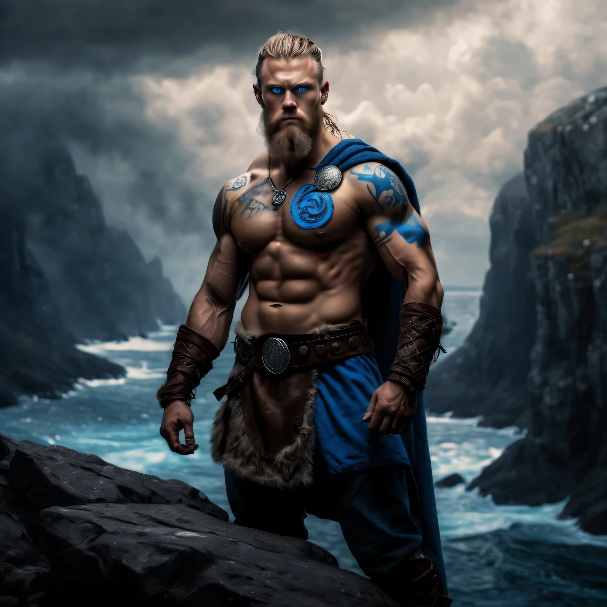 Uma pintura majestosa de um viking sueco, his piercing blue eyes looking into the distance as he stands atop a rocky cliff. The vegviser symbol on his chest glows with supernatural power, symbolizing their strength and determination. The artist&#39;s use of bold colors and dynamic brushstrokes brings this captivating image to life..