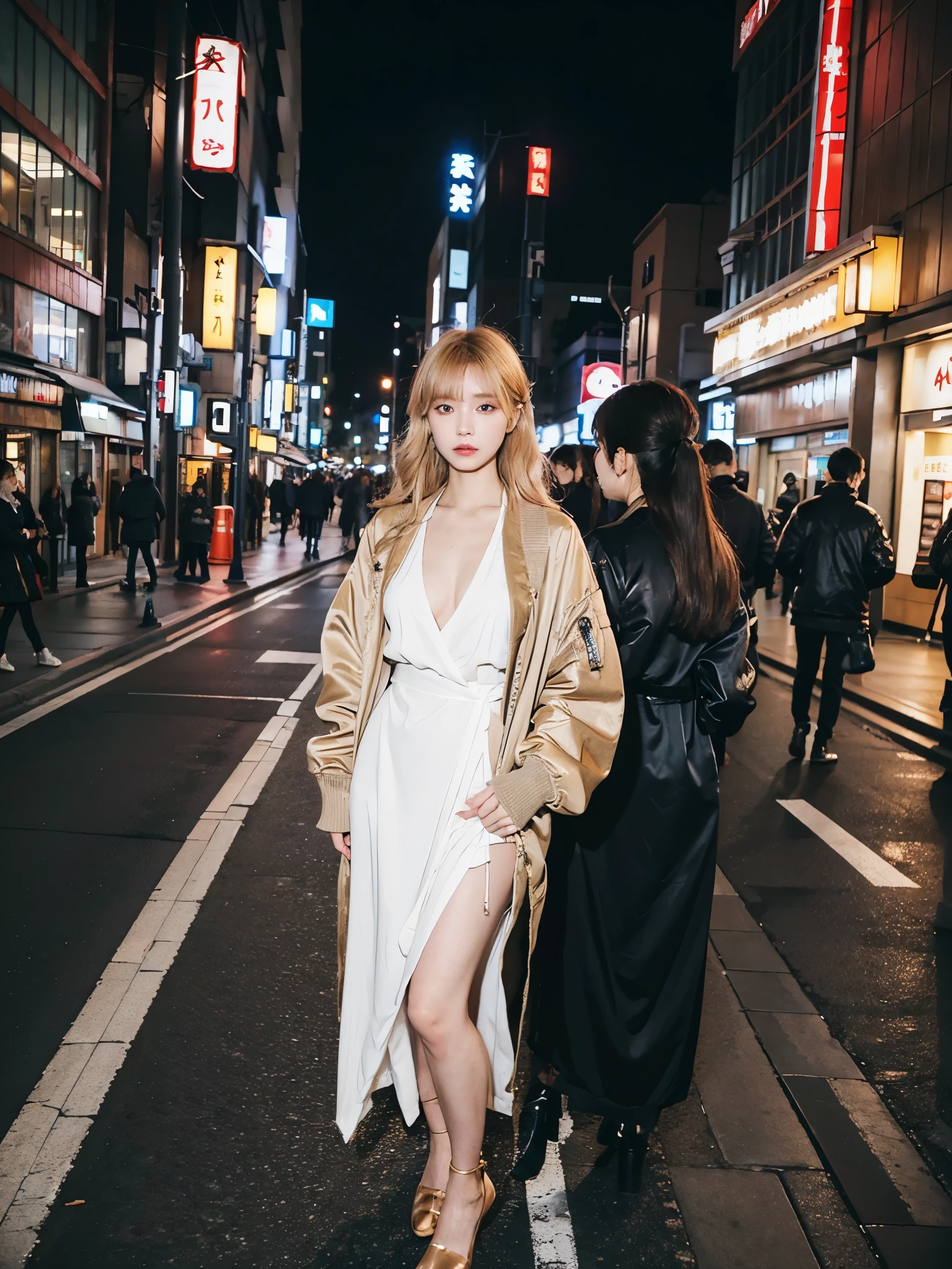 full body,// Bewitching eyes, well-balanced eyes, //street snap //wearing  big bomber jacket and draped dress//breast focus, ((facing viewer)), //at the street in tokyo, //japanese lady, pale skin,  //droopy eyes,//gold hair, combed-back hair,//((standing)), high quality:1.3, Professional lighting:2.0 realistic:1.2, 4k resolution, detailed skin, masterpiece:1.1