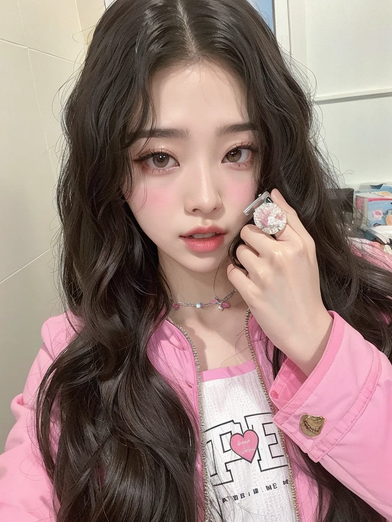 there is a girl with long hair holding a cell phone, ulzzang, Jinyoung Shin, jaeyeon nam, dilraba dilmurat, jossi de blackpink, heonhwa choe, maquillaje popular de corea del sur, sakimichan, jennie rosa negro, lee ji - eun, lee ji-eun, bae suzy, chiho, maquillaje coreano popular