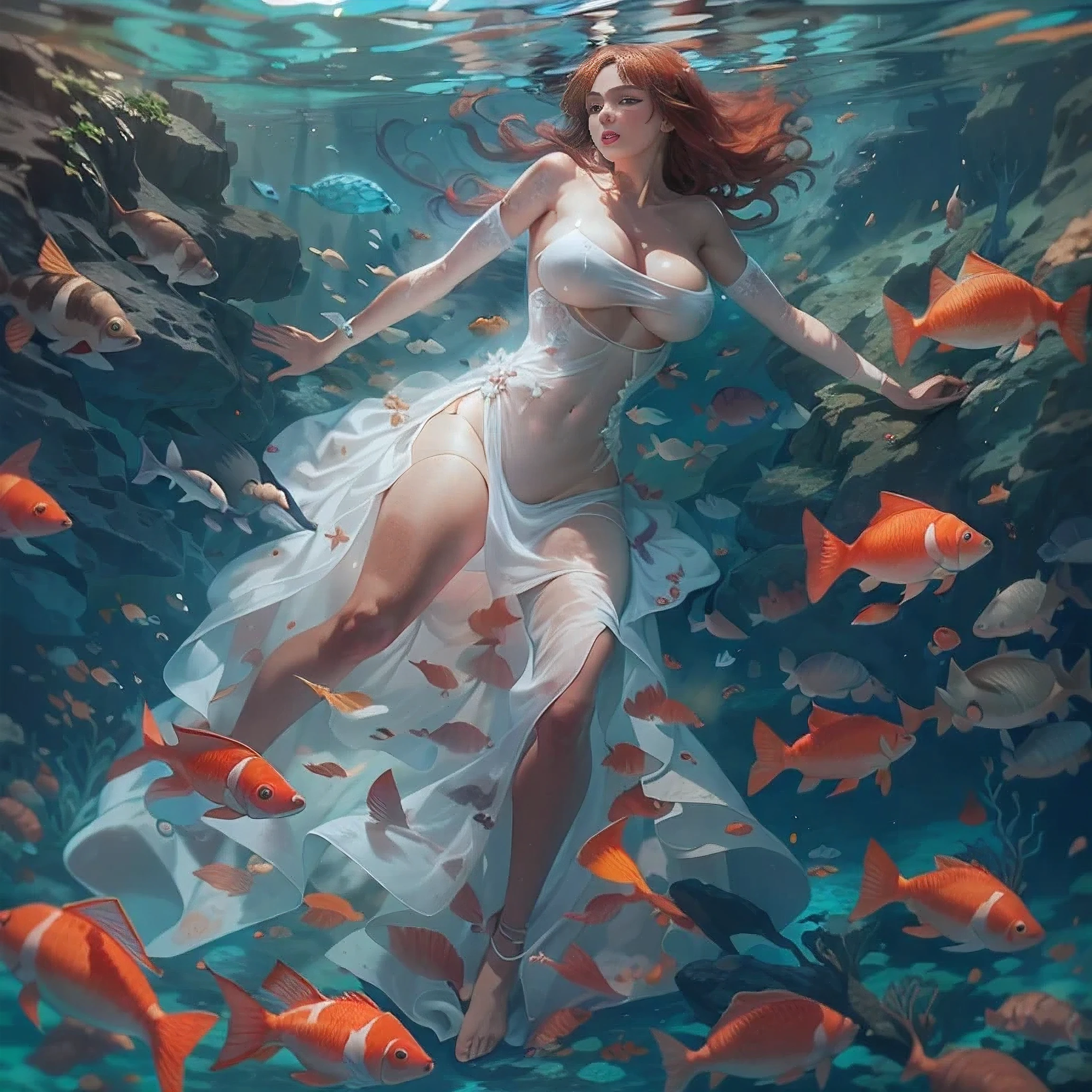 Beautiful redhead girl with giant boobs in a white shine through dress that swims over the bottom of the Australian sea with lots of coral. her naked body is visible under the dress, nipples are big and hard. looking from above to the bottom, many fish and coral, dirty 1.4, photo realistic 1.2, naughty 1.2