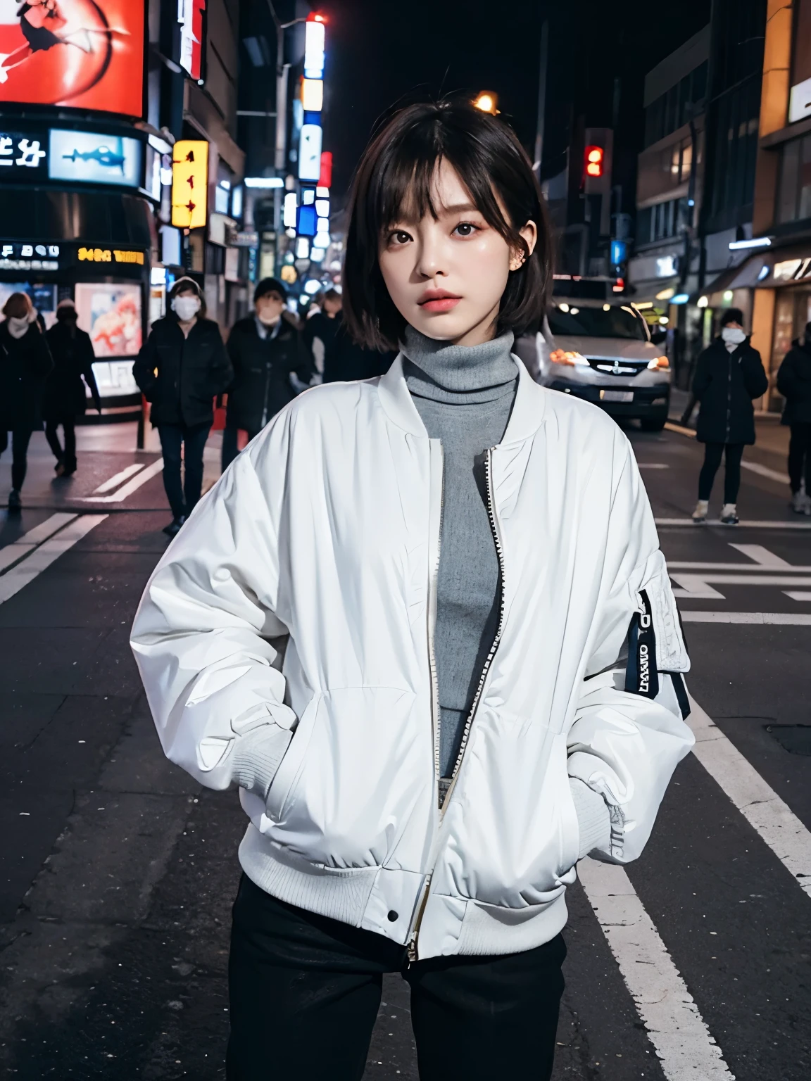 full body,// Bewitching eyes, well-balanced eyes, //street snap //wearing big bomber jacket and turtleneck sweater and black jeans,//breast focus, ((facing viewer)), //at the street in tokyo, //japanese lady, pale skin, //droopy eyes,//short hair, //((standing)), high quality:1.3, Professional lighting:2.0 realistic:1.2, 4k resolution, detailed skin, masterpiece:1.1