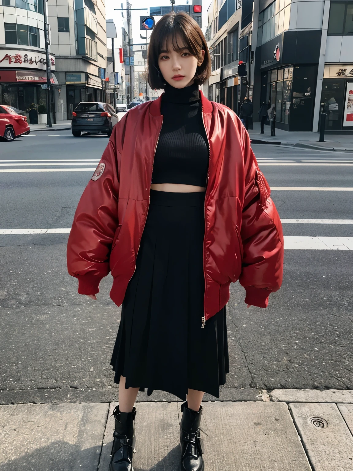 full body,// Bewitching eyes, well-balanced eyes, //street snap //wearing big red bomber jacket and red turtleneck sweater and red skirts,//breast focus, ((facing viewer)), //at the street in tokyo, //japanese lady, pale skin, //droopy eyes,//short hair, //((standing)), high quality:1.3, Professional lighting:2.0 realistic:1.2, 4k resolution, detailed skin, masterpiece:1.1