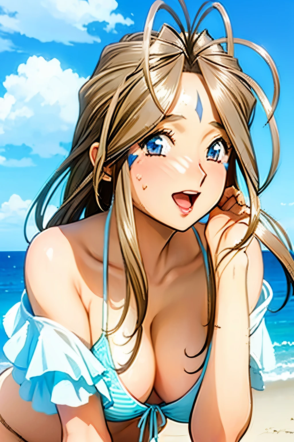 beach, yawning face, hand on heads, offshoulder, 40k, photography, masterpiece, best quality, (Belldandy), medium breasts, (white bikini), varied poses, 