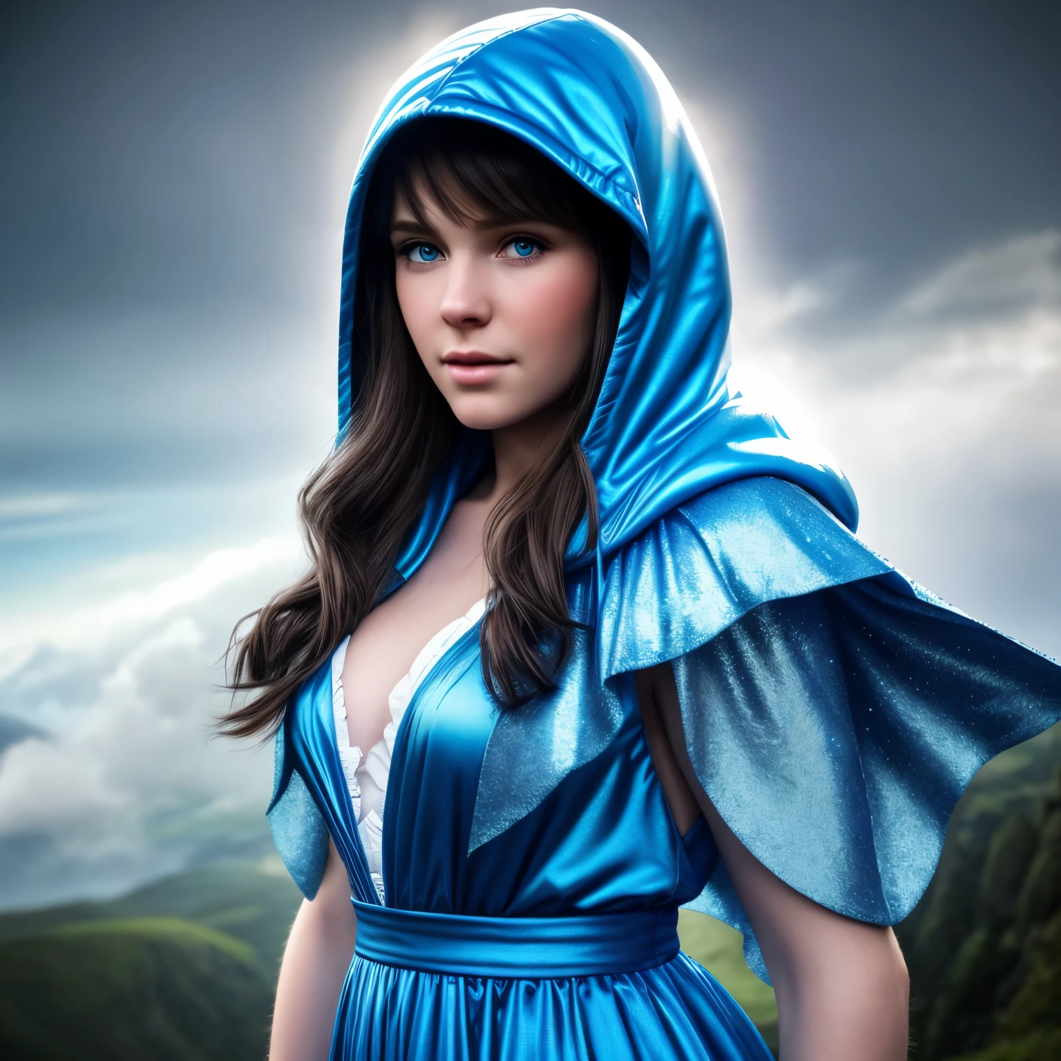 The second person is a fairy with transparent blue flights, die adern sind zu sehen. She is a beautiful woman with great looks. She wears a blue hooded dress with a white satin cape and glows with blue shimmer. She is shy but determined. Sie fliegt in den Wolken. Die Szene ist von dynamischem Licht umgeben. Portrait, Ultra quality, photorealistisch