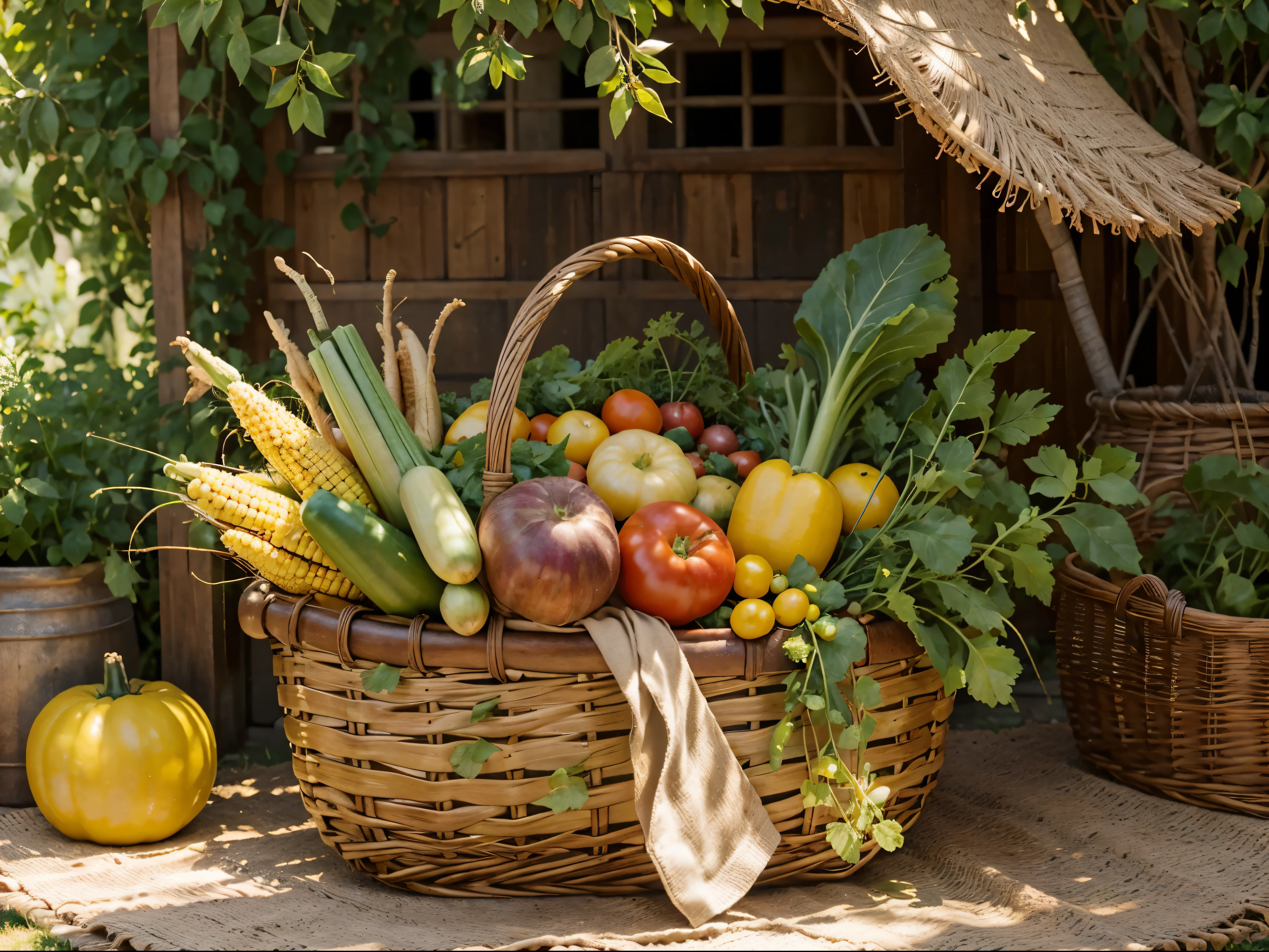 On an old table under the warm sunlight, a variety of fresh vegetables are beautifully arranged in a woven basket. The vibrant colors and natural textures of the vegetables catch your eye immediately. The basket is filled with an abundance of vegetables, including ripe red tomatoes, crisp green lettuce leaves, vibrant orange carrots, and earthy brown potatoes. As you look closer, you notice ears of corn peeking out from the sides of the basket, their golden kernels glistening in the sunlight.
The old table has a weathered and rustic appearance, adding a touch of charm to the scene. It is worn and aged, with the grains of wood showing through its faded paint. The table provides a sturdy and rustic foundation for the display of the bountiful harvest.
Surrounding the basket, there is a small garden filled with flourishing crops. Lush green plants with broad leaves and delicate vines climb towards the sky, reaching for the sunlight. The garden is a symbol of nature's abundance and the rewards of hard work and dedication.
In the background, an old mora stands tall, its branches swaying gently in the breeze. The tree adds a sense of tranquility and a touch of nostalgia to the scene. Its wise and ancient presence reminds us of the beauty and wisdom found in nature.
The scene is bathed in warm and golden sunlight, casting a soft glow on the basket and the surrounding vegetables. The colors are vibrant and saturated, with each vegetable displaying its natural hues. The warm color palette exudes a sense of comfort, inviting the viewer to savor the beauty and flavors of the harvest.
Overall, this masterpiece captures the essence of a sunny day in a bountiful garden. Its ultra-detailed depiction of the vegetables, combined with the warm and vivid colors, creates a visually stunning and realistic image. It celebrates the beauty of nature's bounty and invites the viewer to appreciate the simple joys of fresh and nourishing food.