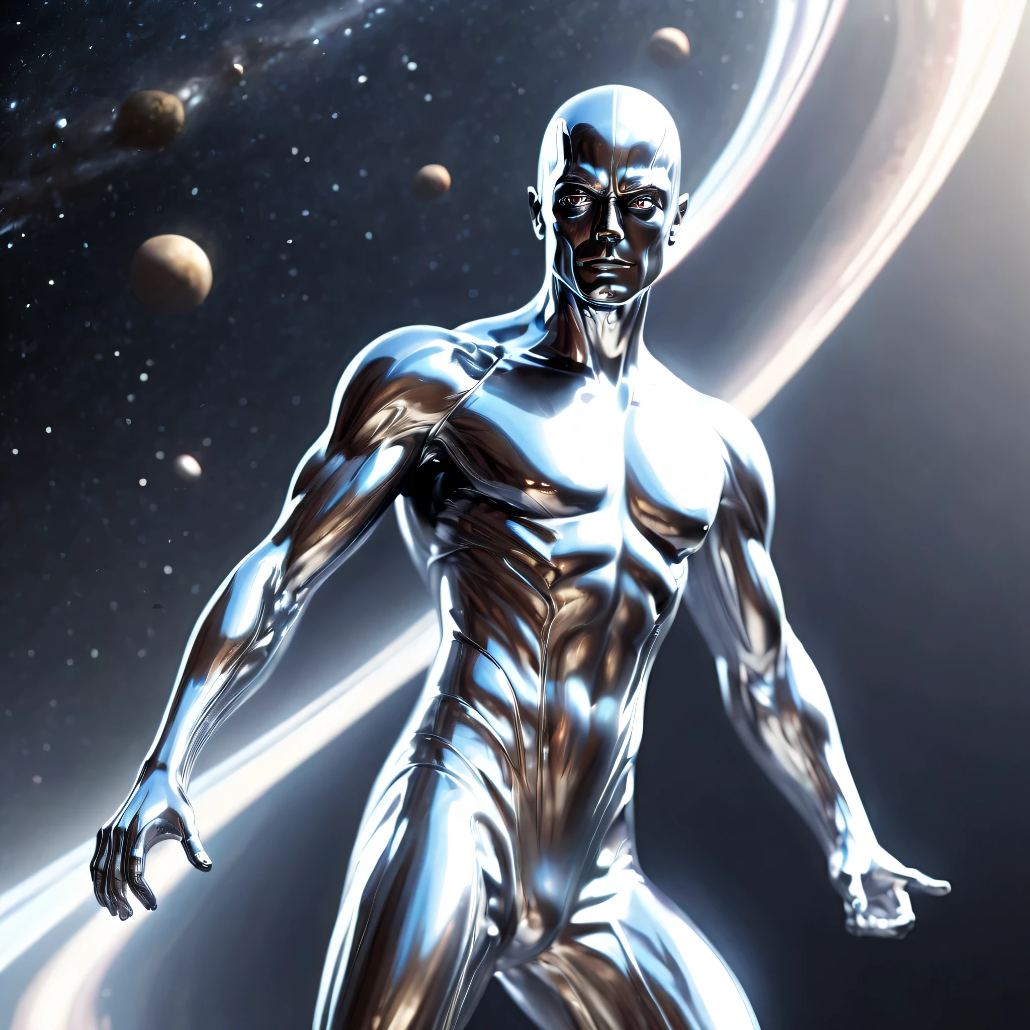 "Explore the cosmic waves with the Silver Surfer, as he glides effortlessly through the vast expanse of space, its metallic form shining in the light of distant stars.