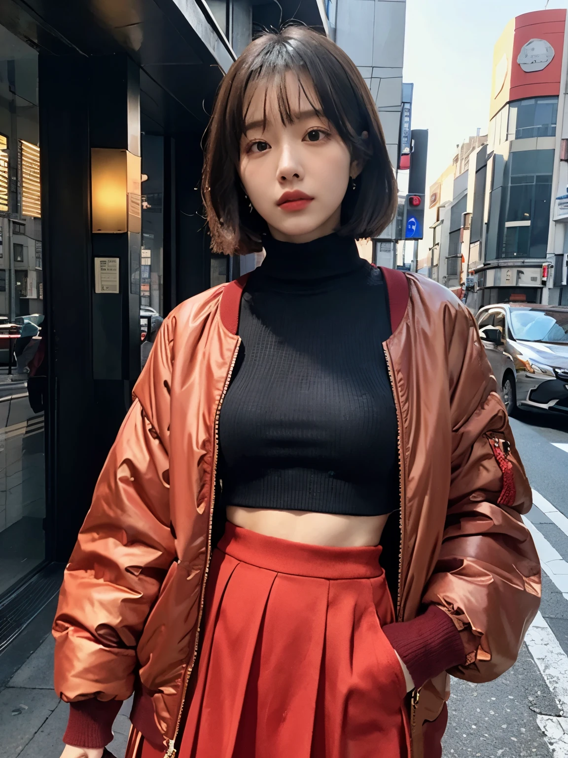 full body,// street snap //wearing big red bomber jacket and red turtleneck sweater and red long skirts, gold accessories,//breast focus, ((facing viewer)), //at the street in tokyo, //japanese lady, pale skin, //droopy eyes,//short hair, gold hair, //((standing)), high quality:1.3, Professional lighting:2.0 realistic:1.2, 4k resolution, detailed skin, masterpiece:1.1