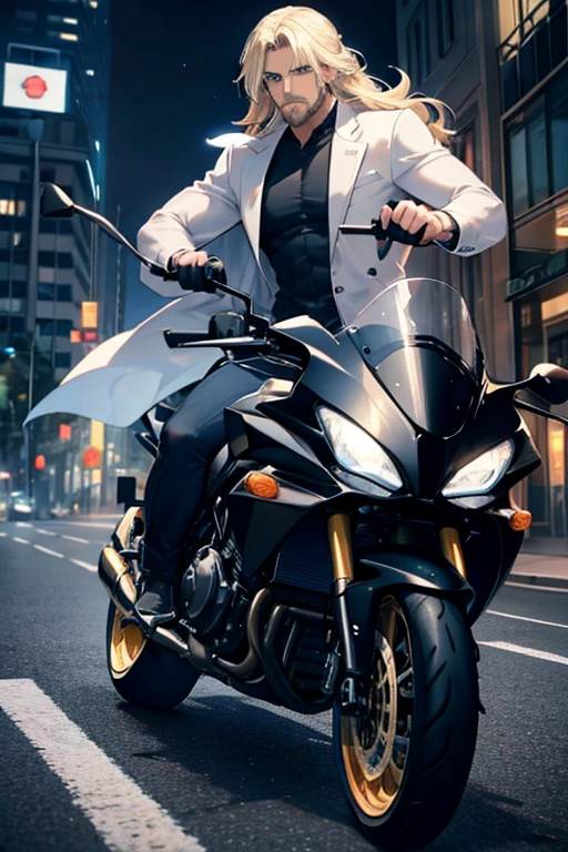 A muscular blonde haired male detective with blue eyes with long hair and a dark beard is riding a motorcycle through the streets
