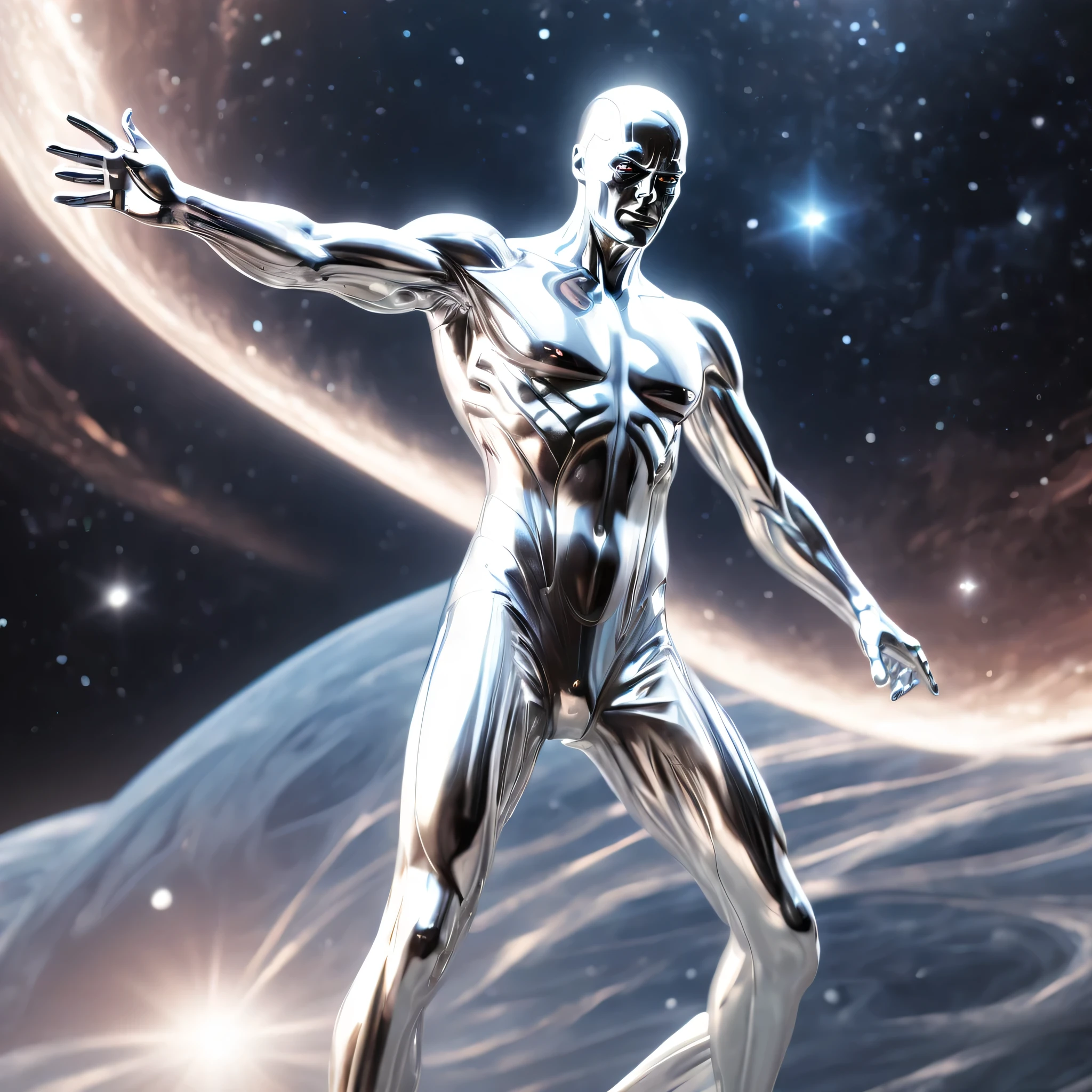 "Explore the cosmic waves with the Silver Surfer, as he glides effortlessly through the vast expanse of space, its metallic form shining in the light of distant stars.