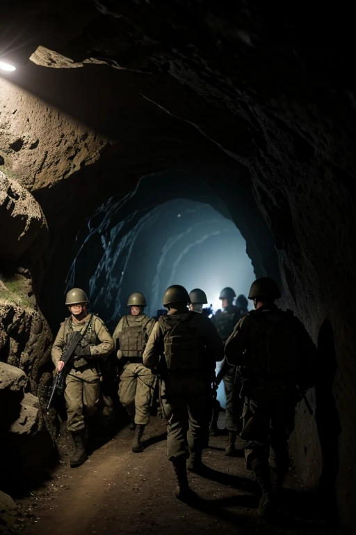 a group of Dutch soldiers entered a narrow dark cave, very dark alley, using flashlight, best quality, 4k, 8k, highres, masterpiece, ultra-detailed, realistic