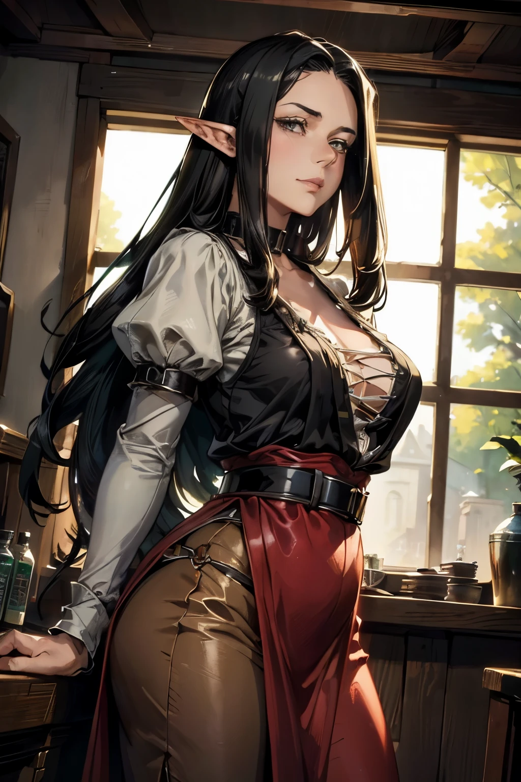 solo, ((masterpiece)),((high resolution)),((best quality)), extremely fine and beautiful, super fine illustration, (realistic skin), (insanely detailed anime eyes), mature, vivid and beautiful, shocking sensation, incredibly detailed, beautiful detailed girl, (tavern wench), (medium supple breasts:0.7), side view, looking at customer, black hair, (elf), (medium long elf ears), (white tunic, brown jerkin, brown medieval pants, soft brown boots:1.0) ((black hair)), (very long hair), (small breasts:0.9), (plump thighs:0.6), (wide hips:0.6), movie lighting, perfect shadow, realistic lighting shaded, medieval fantasy tavern scenery