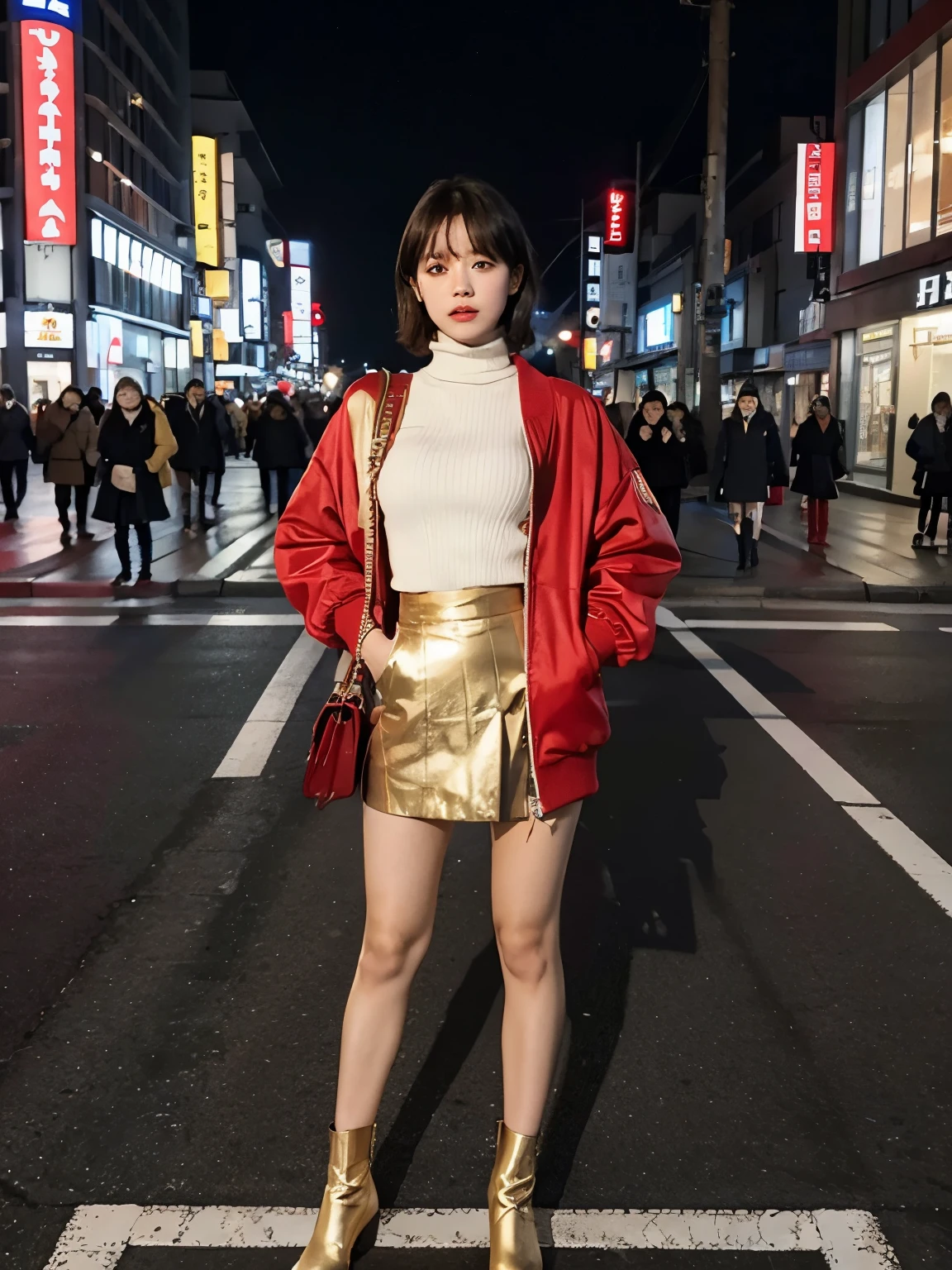 cleavage, full body,// street snap //wearing big red bomber jacket and red turtleneck sweater and red long skirts, gold accessories,//breast focus, ((facing viewer)), //at the street in tokyo, //japanese lady, pale skin, //droopy eyes,//short hair, gold hair, //((standing)), high quality:1.3, Professional lighting:2.0 realistic:1.2, 4k resolution, detailed skin, masterpiece:1.1