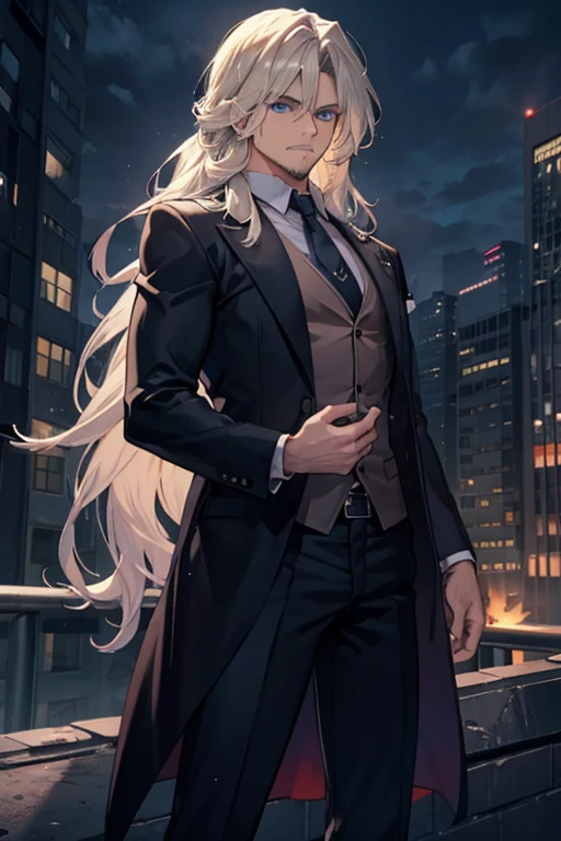 A muscular blonde haired male detective with blue eyes with long hair and a dark beard is standing on  rooftop in a grimy city
