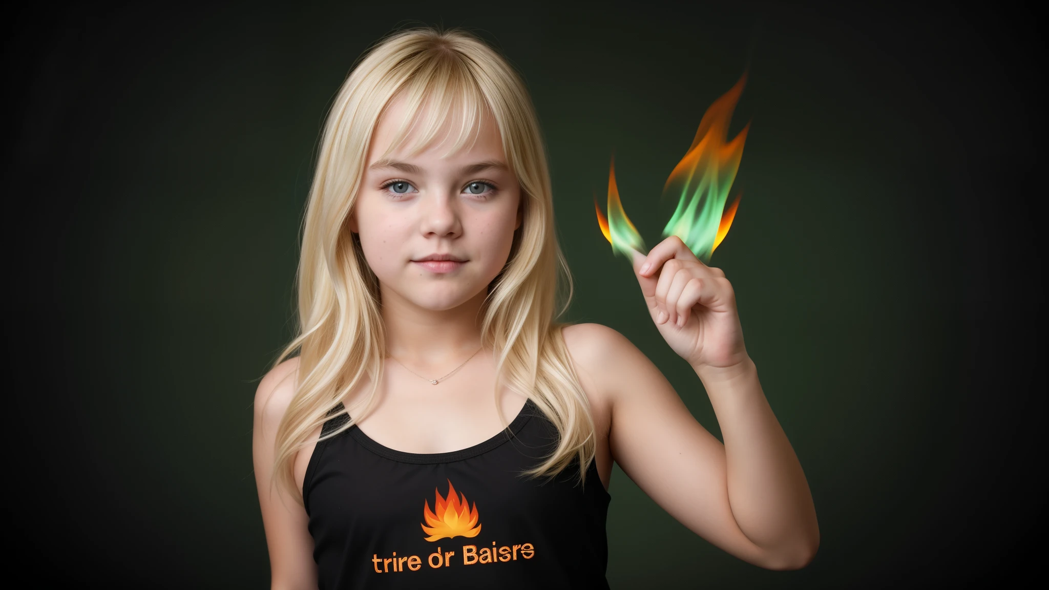 blonde  girl jack black, fire green fire background. 