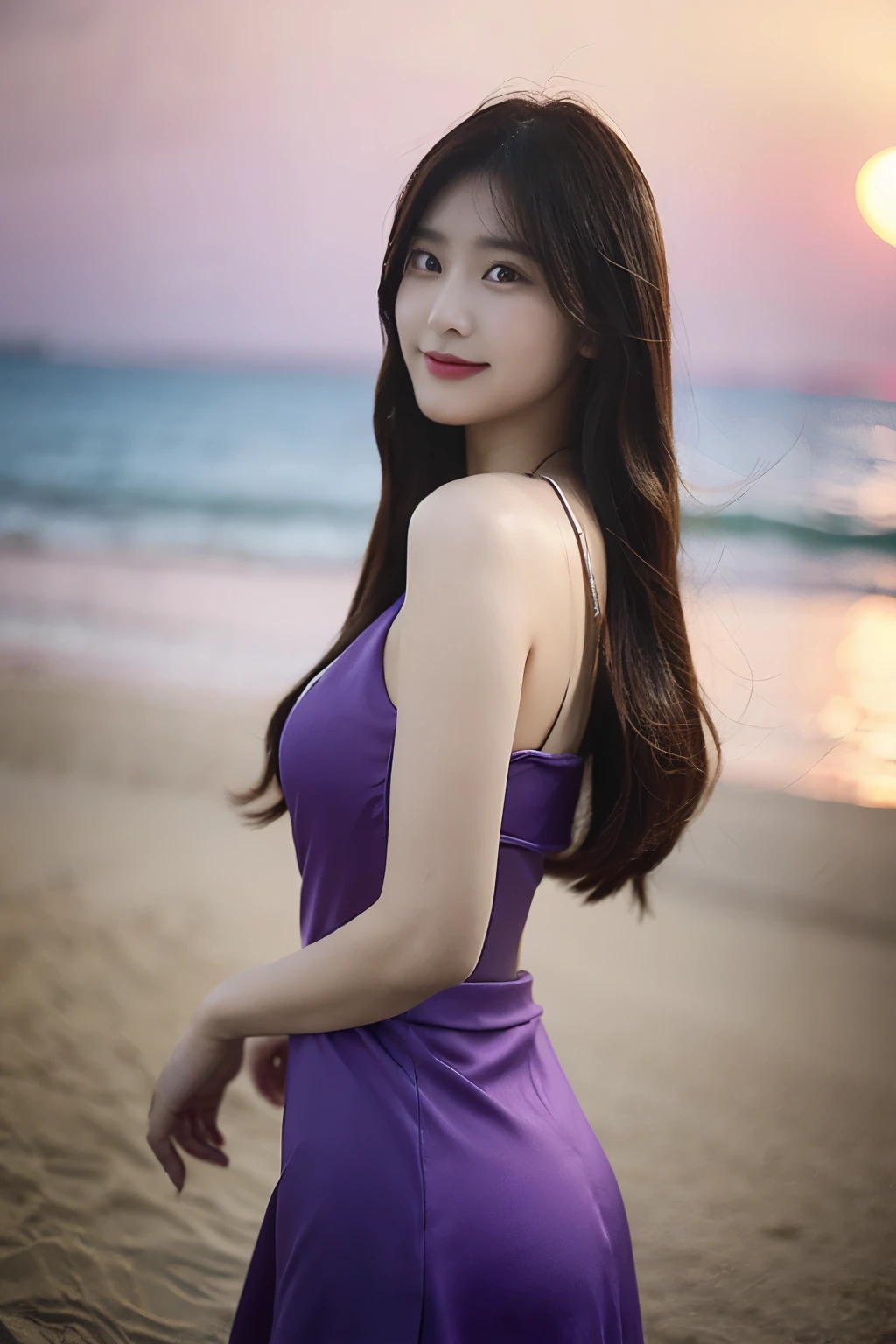 Long hair to waist,Chinese beauty,20 years old,Height 160,Weight 40kg,fairer complexion,Oval face,Deep facial features,Wearing a purple one-piece low-cut skirt,D cup,reddish hair,Smile,Half body photo,Beach sunset in the background