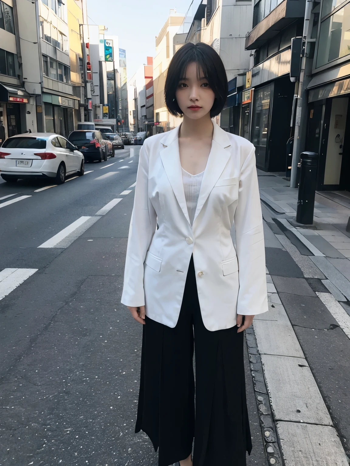 full body,// Bewitching eyes, well-balanced eyes, //street snap //wearing youji yamamoto//breast focus, ((facing viewer)), //at the street in tokyo, //japanese lady, pale skin, //droopy eyes,//short hair, //((standing)), high quality:1.3, Professional lighting:2.0 realistic:1.2, 4k resolution, detailed skin, masterpiece:1.1
