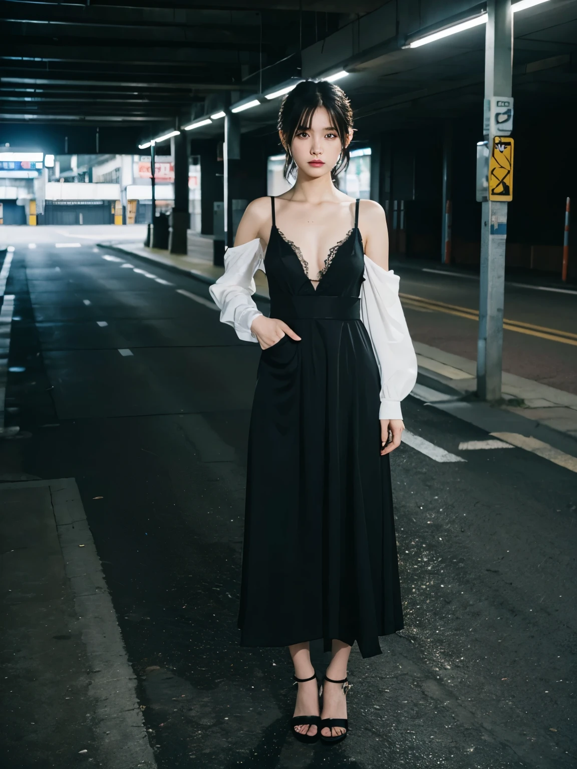 full body,// Bewitching eyes, well-balanced eyes, //street snap //wearing youji yamamoto//breast focus, ((facing viewer)), //at the Underground carpark, //japanese lady, pale skin, //droopy eyes,//short hair, //((standing)), high quality:1.3, Professional lighting:2.0 realistic:1.2, 4k resolution, detailed skin, masterpiece:1.1