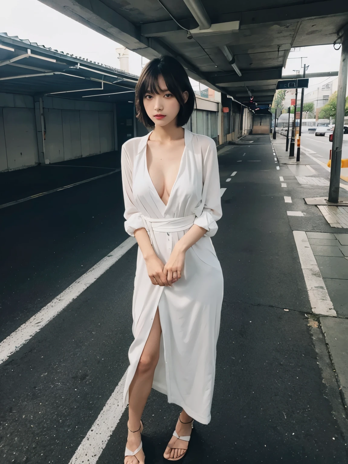 full body,// Bewitching eyes, well-balanced eyes, //street snap //wearing youji yamamoto//breast focus, ((facing viewer)), //at the Underground carpark, //japanese lady, pale skin, //droopy eyes,//short hair, //((standing)), high quality:1.3, Professional lighting:2.0 realistic:1.2, 4k resolution, detailed skin, masterpiece:1.1