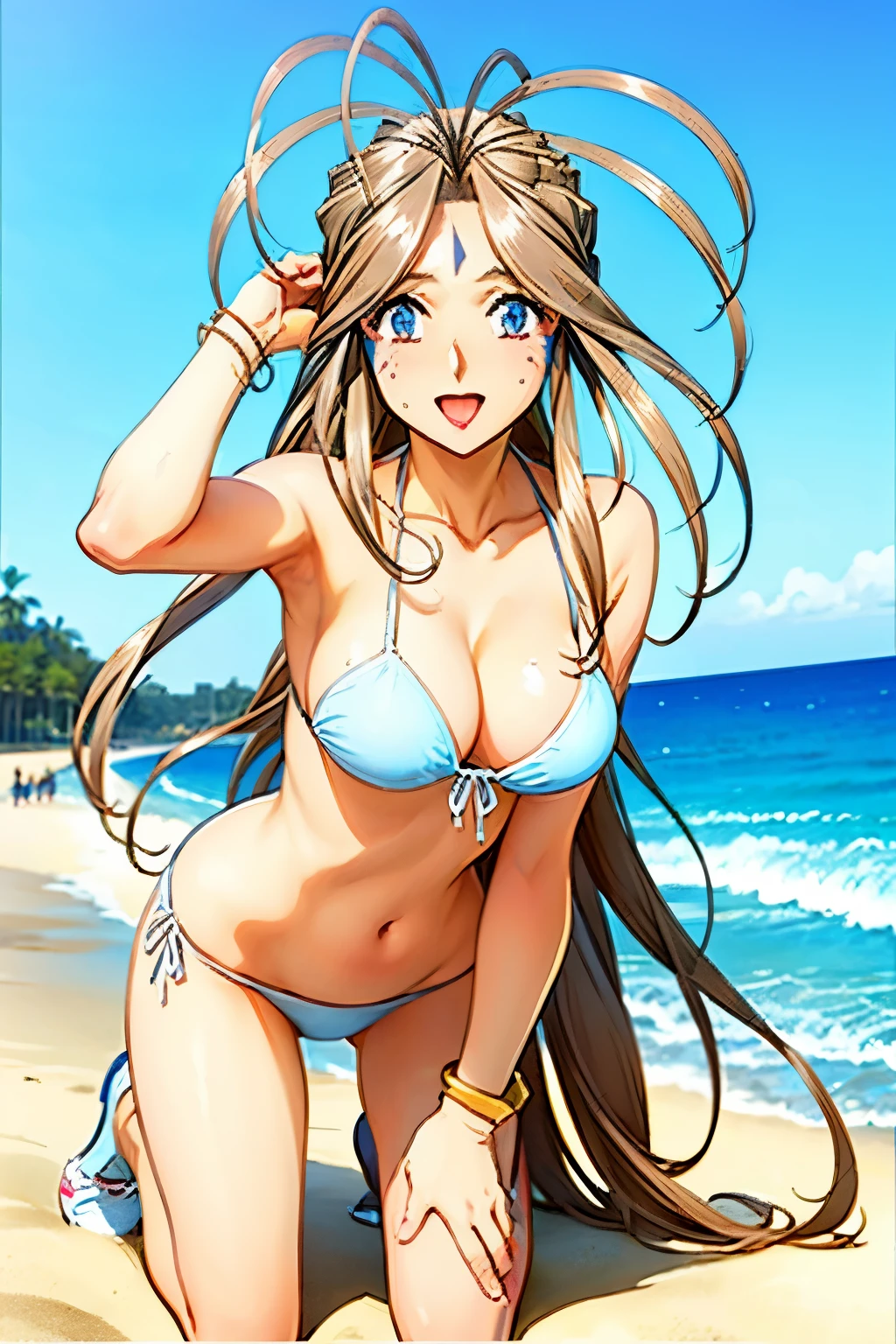 beach, yawning face, hand on heads, offshoulder, 40k, photography, masterpiece, best quality, (Belldandy), medium breasts, (white bikini, white shoes), varied poses, 