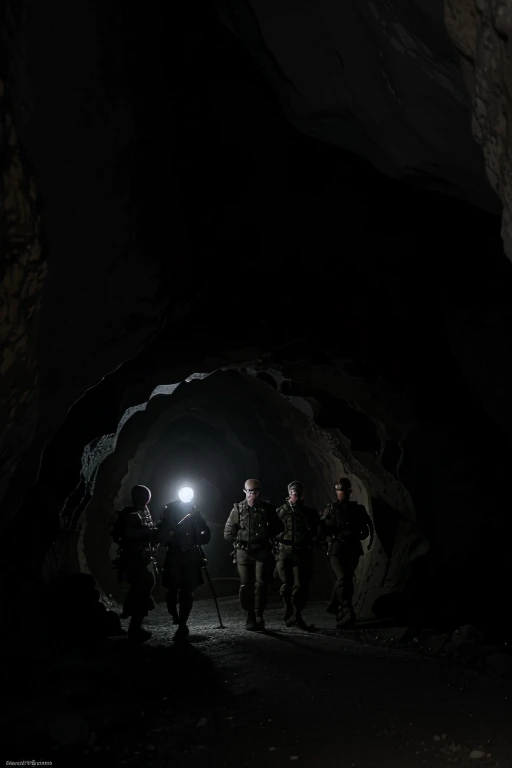 a group of Dutch soldiers entered a narrow dark cave, very dark cave, narrow cave, using flashlight, best quality, 4k, 8k, highres, masterpiece, ultra-detailed, realistic