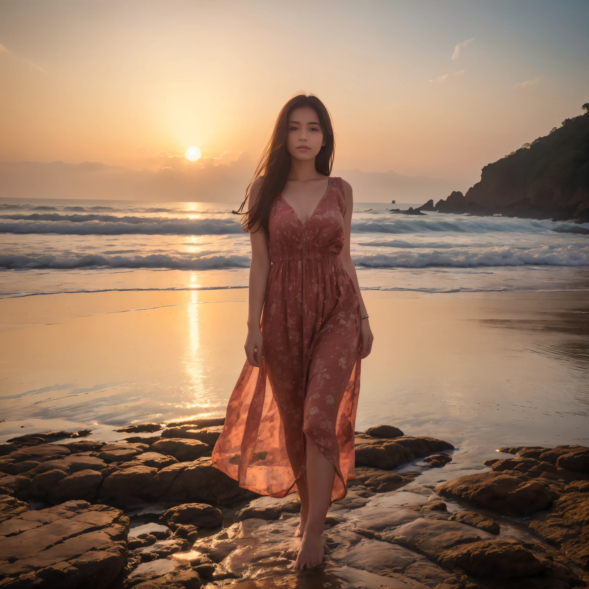 Indian model, standing on rocks, wearing a long green dress, background As the sun dips below the horizon, the sky explodes in a kaleidoscope of oranges, pinks, and purples, casting a warm glow over the tranquil gokarna beach. Witness this stunning sunset in all its glory with our AI-generated image.highly detailed,HDR 8k