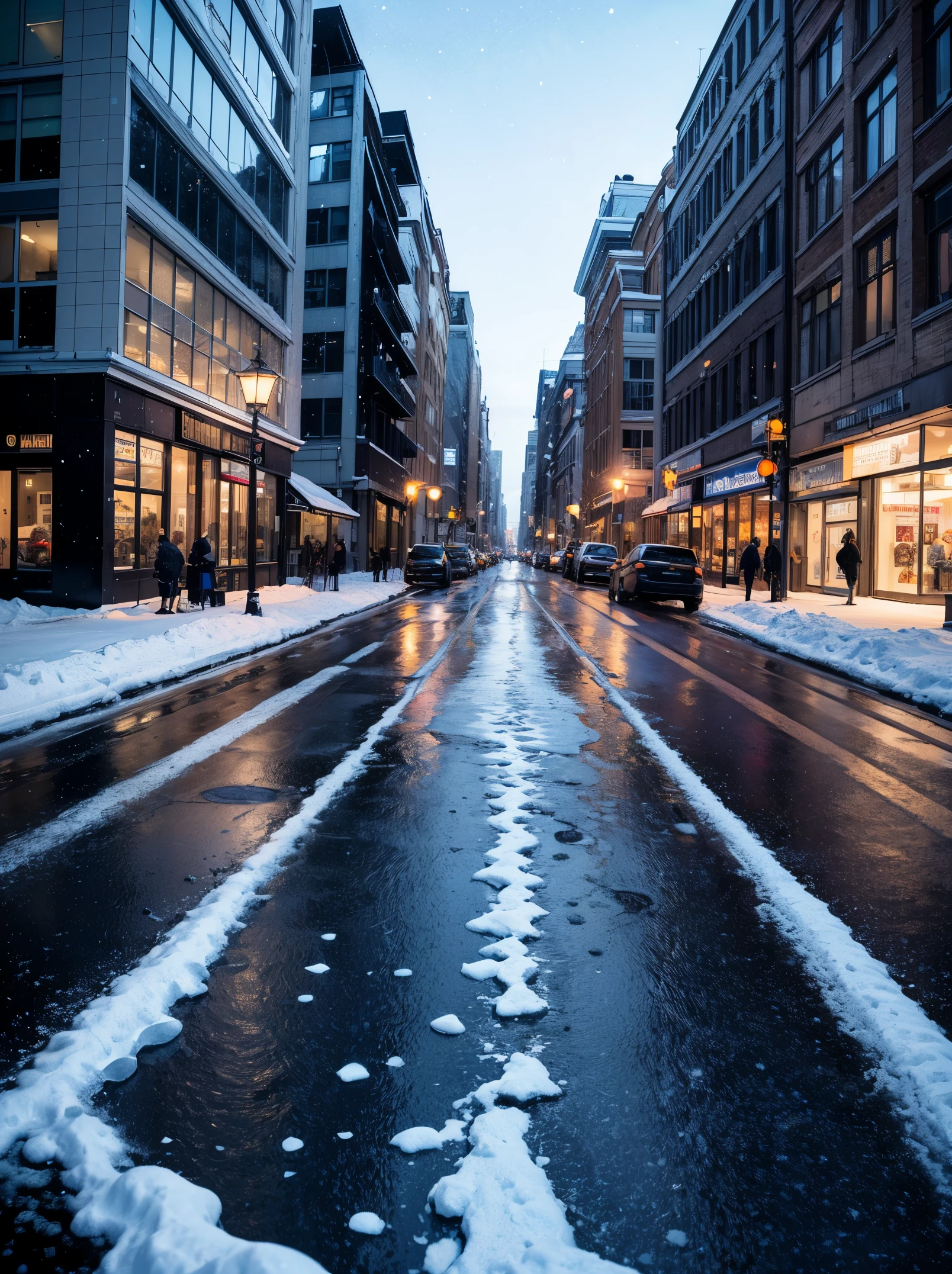 Masterpiece, ultra detailed. Create a city street scene on a snowy day, the starry night sky reflecting on ice on the asphalt, the buildings tinted with soft blue hues. Blurry foreground, from ground.