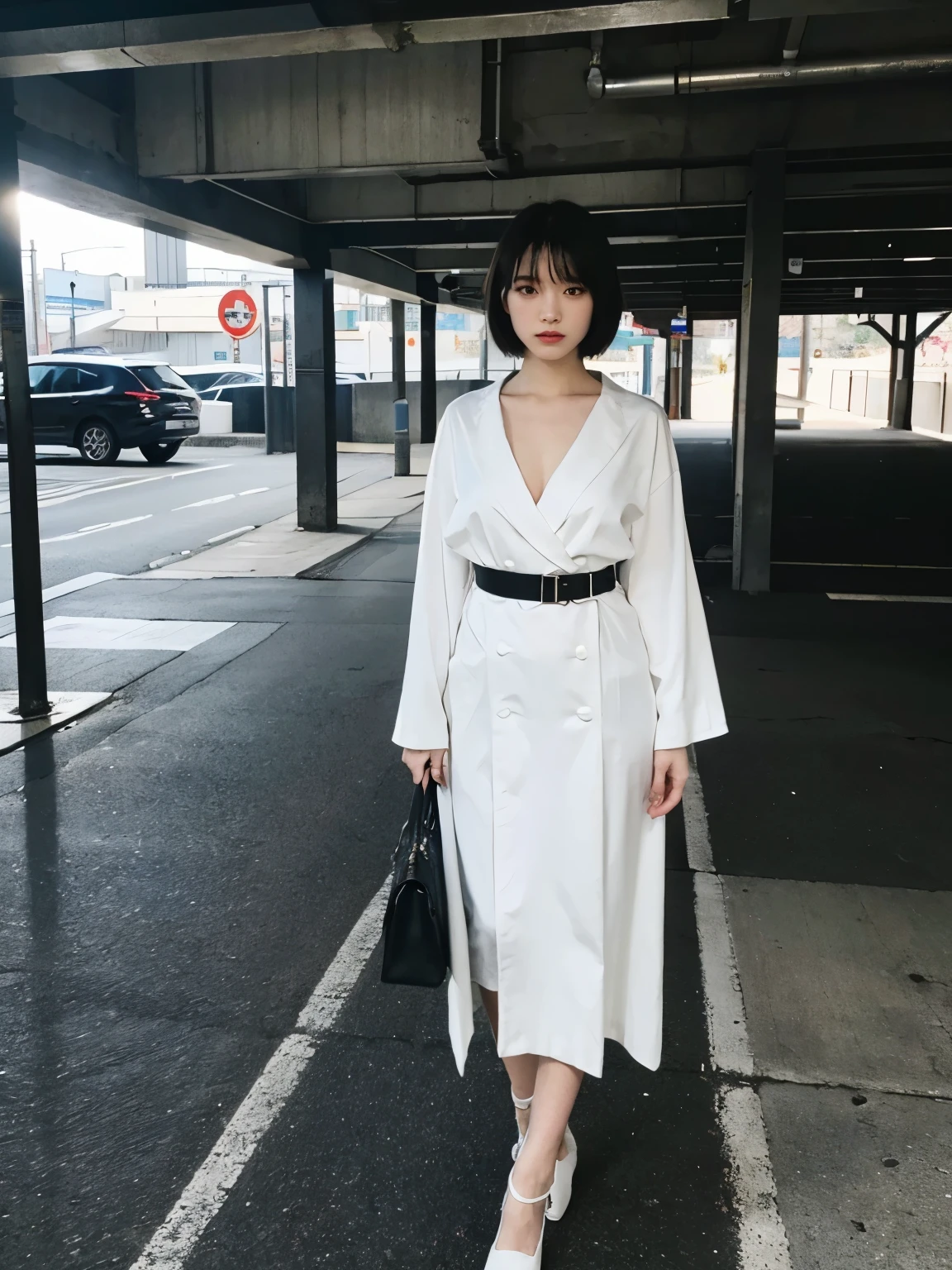 full body,// Bewitching eyes, well-balanced eyes, //street snap //wearing youji yamamoto, in winter//breast focus, ((facing viewer)), //at the Underground carpark, //japanese lady, pale skin, //droopy eyes,//short hair, //((standing)), high quality:1.3, Professional lighting:2.0 realistic:1.2, 4k resolution, detailed skin, masterpiece:1.1