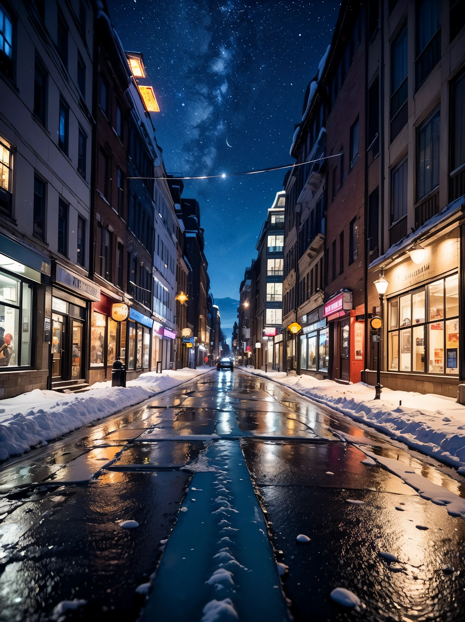 Masterpiece, ultra detailed. Create a city street scene on a snowy day, the starry night sky reflecting on ice on the asphalt, the buildings tinted with soft blue hues. Blurry foreground, from ground.