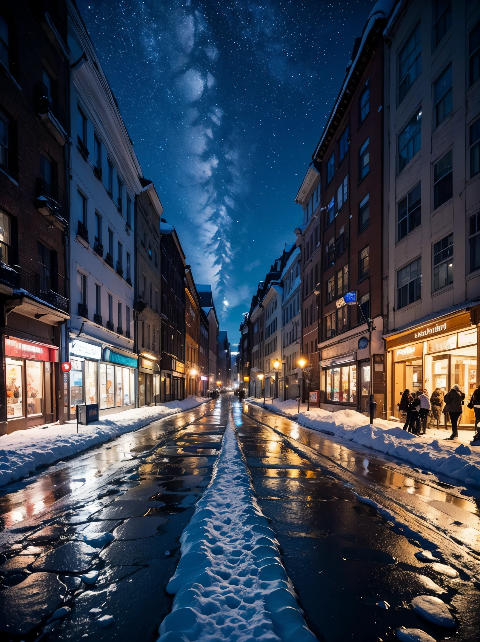 Masterpiece, ultra detailed. Create a city street scene on a snowy day, the starry night sky reflecting on ice on the asphalt, the buildings tinted with soft blue hues. Blurry foreground, from ground.