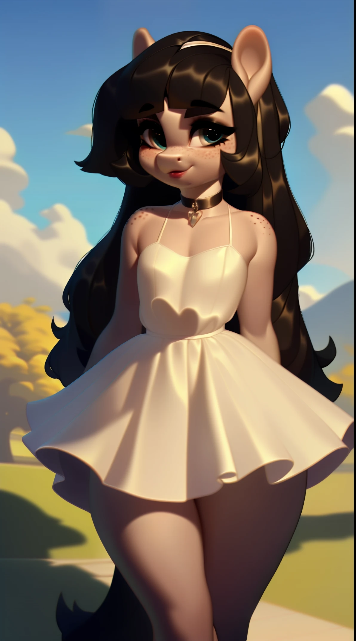 (score_9), (source_ derpibooru_p_95), (earth pony), ((anthro oc pony:1.1)), (Bouffant Dress With Choker), shy, blushing, solo, bangs, realistic long hair, anatomically correct, flat chest, curvy figure, high res, pink bottom lip, extremely detailed, young, adorable, filly, absolutely stunning, freckles, 