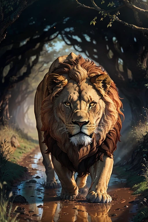 In the full light of day, an extraordinary impression unfolds in the mud: the imposing paw of a lion, intricately engraved and standing out with elegance. Surrounding it, a delicate touch of grass emerges, accentuating the wild and majestic nature of the scene. The texture of the mud captures the intricate details of the engraving, revealing the lion's vivid and imposing presence in this daytime setting.

This image, with its precise details, calls for the highest quality in both illustration and texture. The sun casts a warm, cinematic light over the mud, illuminating every line and curve of the lion's paw. The