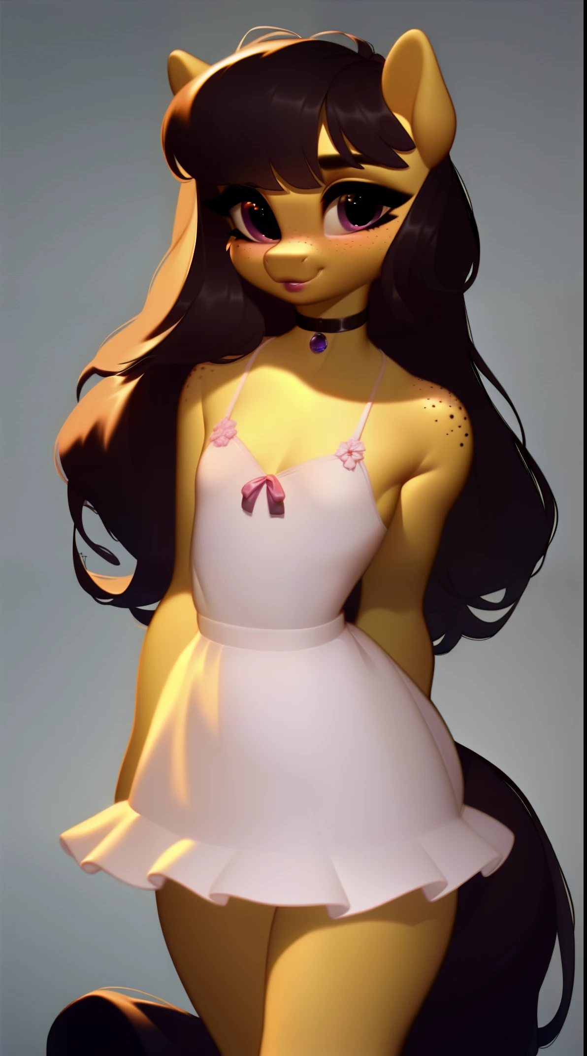 (score_9), (source_ derpibooru_p_95), (earth pony), ((anthro oc pony:1.1)), (Nightdress Dress With Choker), shy, blushing, solo, bangs, realistic long hair, anatomically correct, flat chest, curvy figure, high res, pink bottom lip, extremely detailed, young, adorable, filly, absolutely stunning, freckles, 