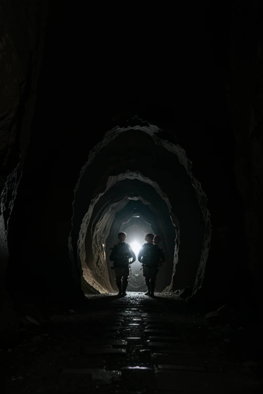 a group of Dutch soldiers entered a narrow dark cave, very dark cave, narrow cave, using flashlight, best quality, 4k, 8k, highres, masterpiece, ultra-detailed, realistic