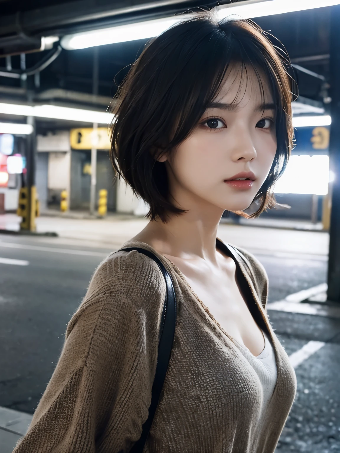  in winter// Bewitching eyes, well-balanced eyes, //street snap //wearing mode style,//breast focus, ((facing viewer)), //at the Underground carpark, //japanese lady, pale skin, //droopy eyes,//short hair, //((standing)), high quality:1.3, Professional lighting:2.0 realistic:1.2, 4k resolution, detailed skin, masterpiece:1.1